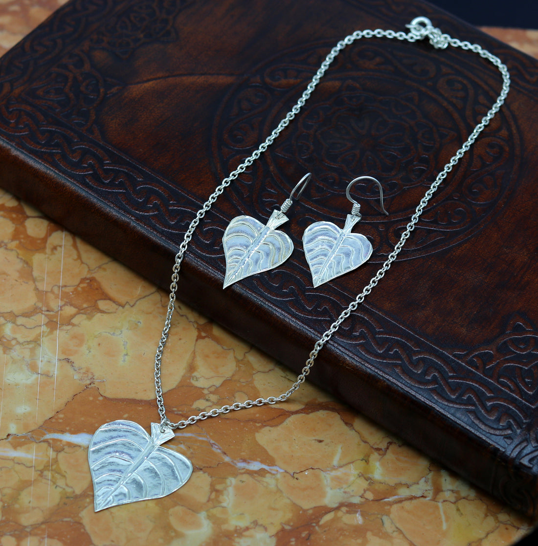 925 sterling silver heart shape peepal tree leaves pendant necklace and hoops earring customized brides jewelry, belly dance jewelry nec68 - TRIBAL ORNAMENTS