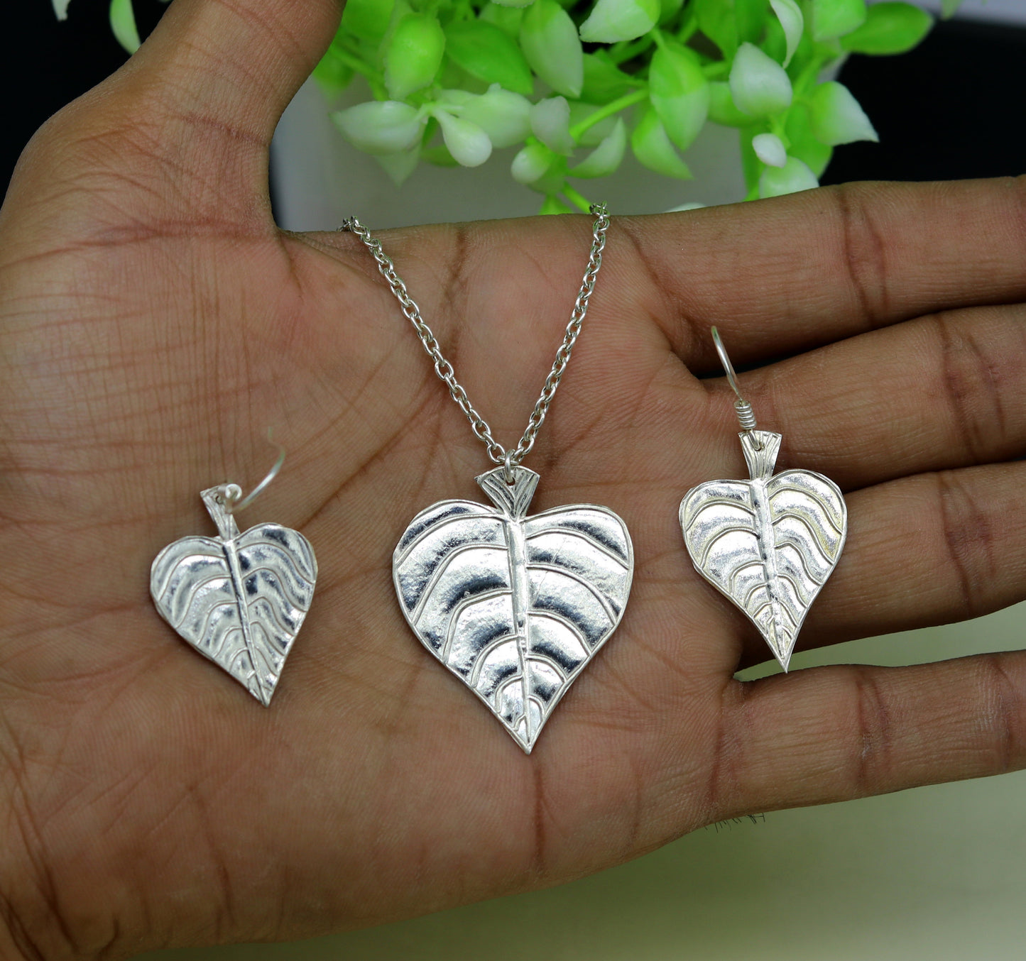925 sterling silver heart shape peepal tree leaves pendant necklace and hoops earring customized brides jewelry, belly dance jewelry nec69 - TRIBAL ORNAMENTS