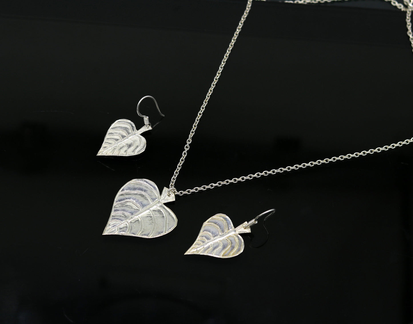 925 sterling silver heart shape peepal tree leaves pendant necklace and hoops earring customized brides jewelry, belly dance jewelry nec69 - TRIBAL ORNAMENTS