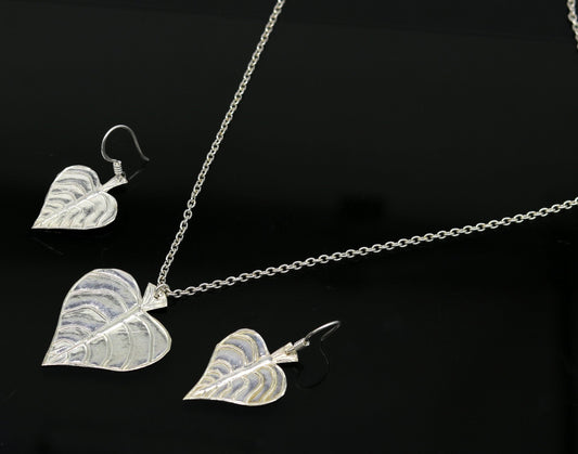 925 sterling silver heart shape peepal tree leaves pendant necklace and hoops earring customized brides jewelry, belly dance jewelry nec69 - TRIBAL ORNAMENTS