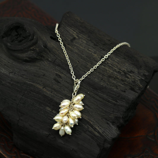 Awesome natural oval shape pearl bunch pendant 925 sterling silver 18 inches long necklace, gorgeous new fancy necklace brides jewelry nec62 - TRIBAL ORNAMENTS