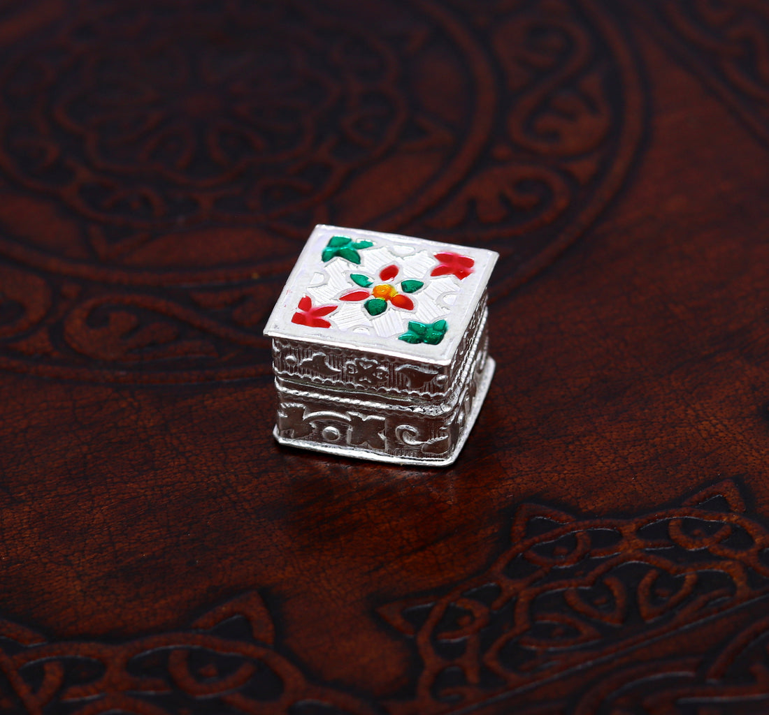 925 sterling silver handmade gorgeous small trinket box, floral enamel work casket box, mini gifting container box, silver article stb78 - TRIBAL ORNAMENTS