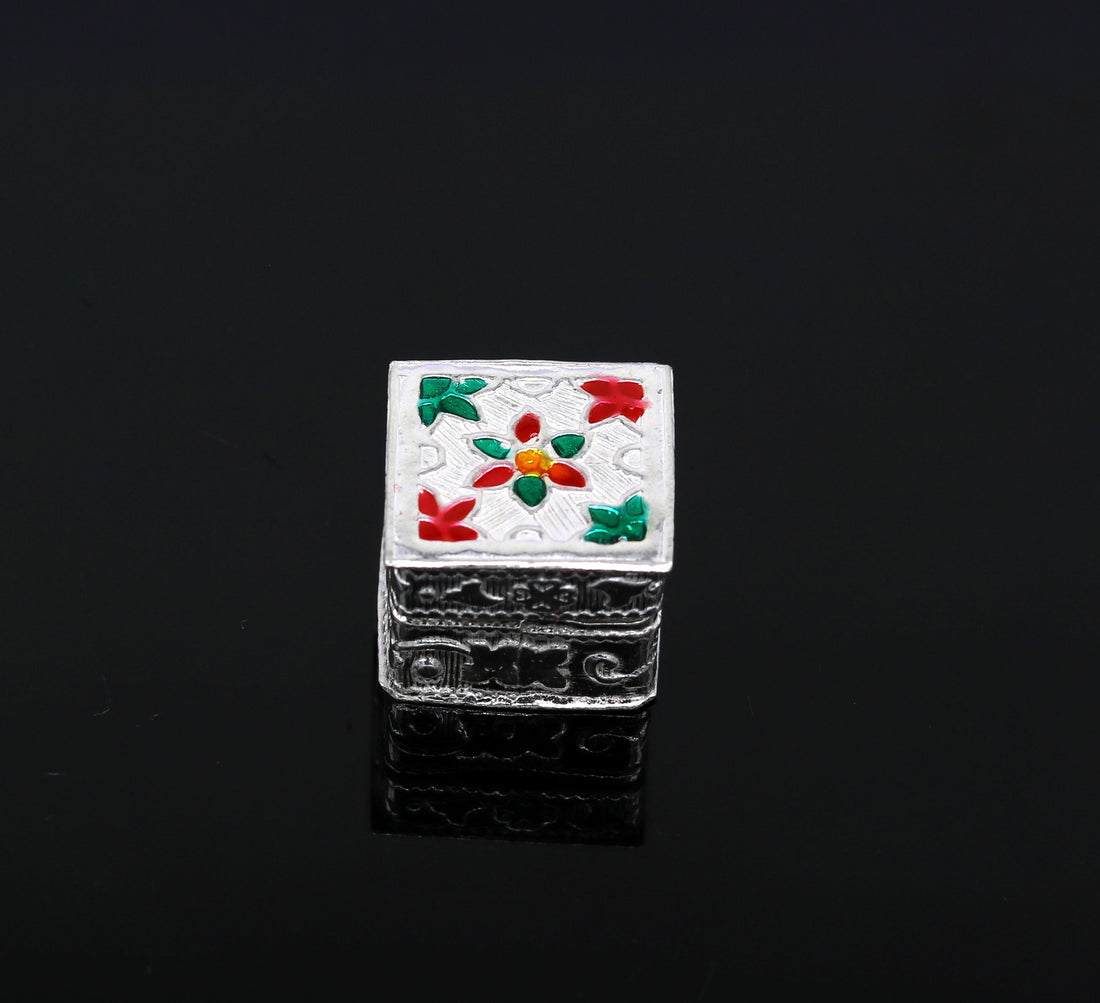 925 sterling silver handmade gorgeous small trinket box, floral enamel work casket box, mini gifting container box, silver article stb78 - TRIBAL ORNAMENTS
