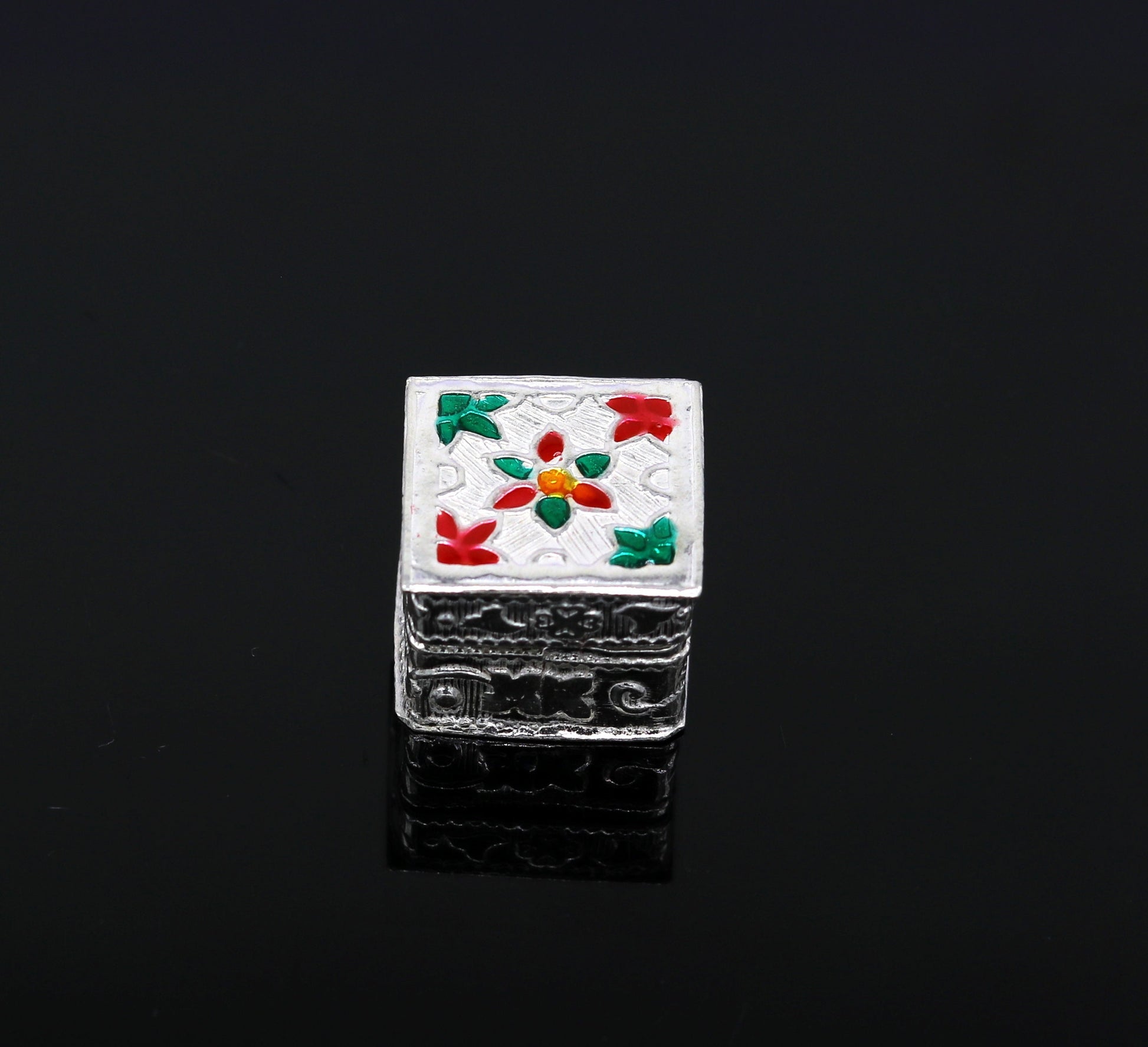 925 sterling silver handmade gorgeous small trinket box, floral enamel work casket box, mini gifting container box, silver article stb78 - TRIBAL ORNAMENTS