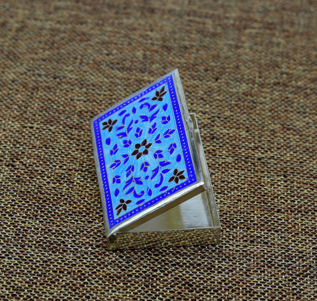 Handmade pure silver 925 sterling silver floral enamel work customize trinket, jewelry box, pills box, silver utensils brides gift stb29 - TRIBAL ORNAMENTS
