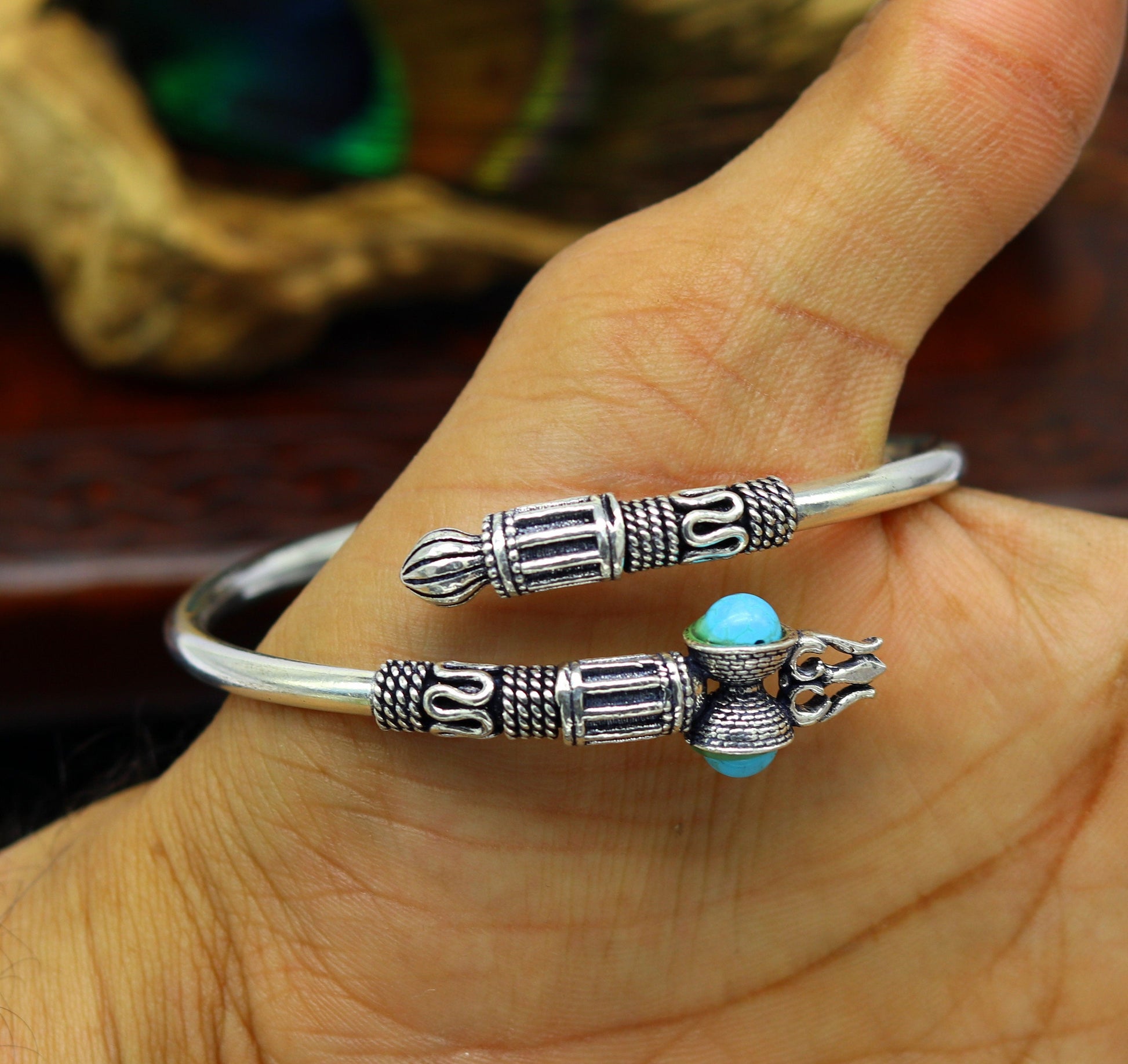 Pure 925 sterling silver blue turquoise stone bahubali shiva kada trishul kada bangle bracelet unisex vintage design jewelry gift nssk333 - TRIBAL ORNAMENTS