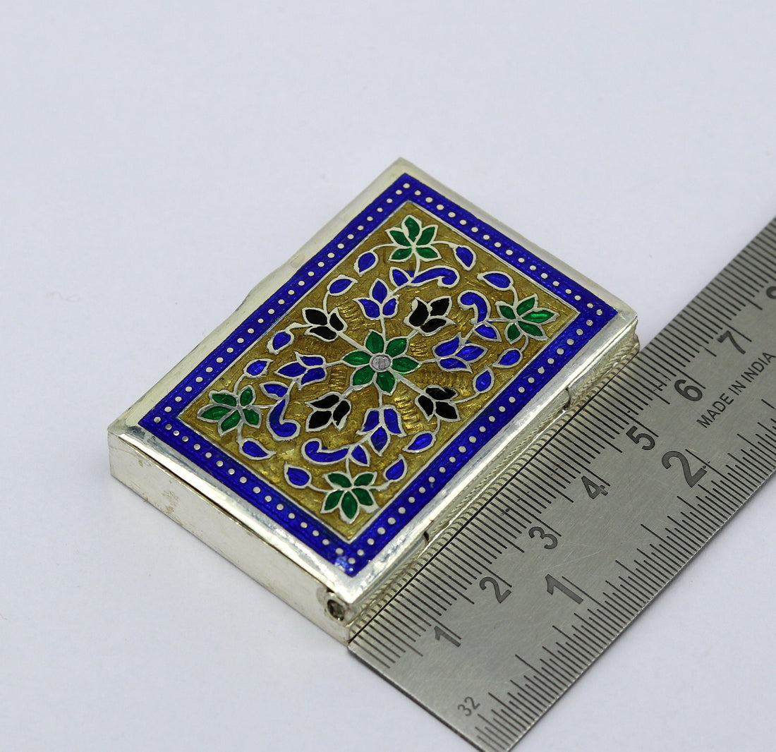 Awesome vintage style 925 pure silver green floral enamel work trinket box, jewelry box, pills box, silver articles brides gifting stb22 - TRIBAL ORNAMENTS