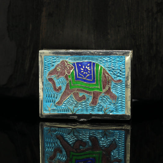 925 sterling silver handmade gorgeous rectangle shape elephant enamel work trinket box, casket box, container box, silver article stb14 - TRIBAL ORNAMENTS