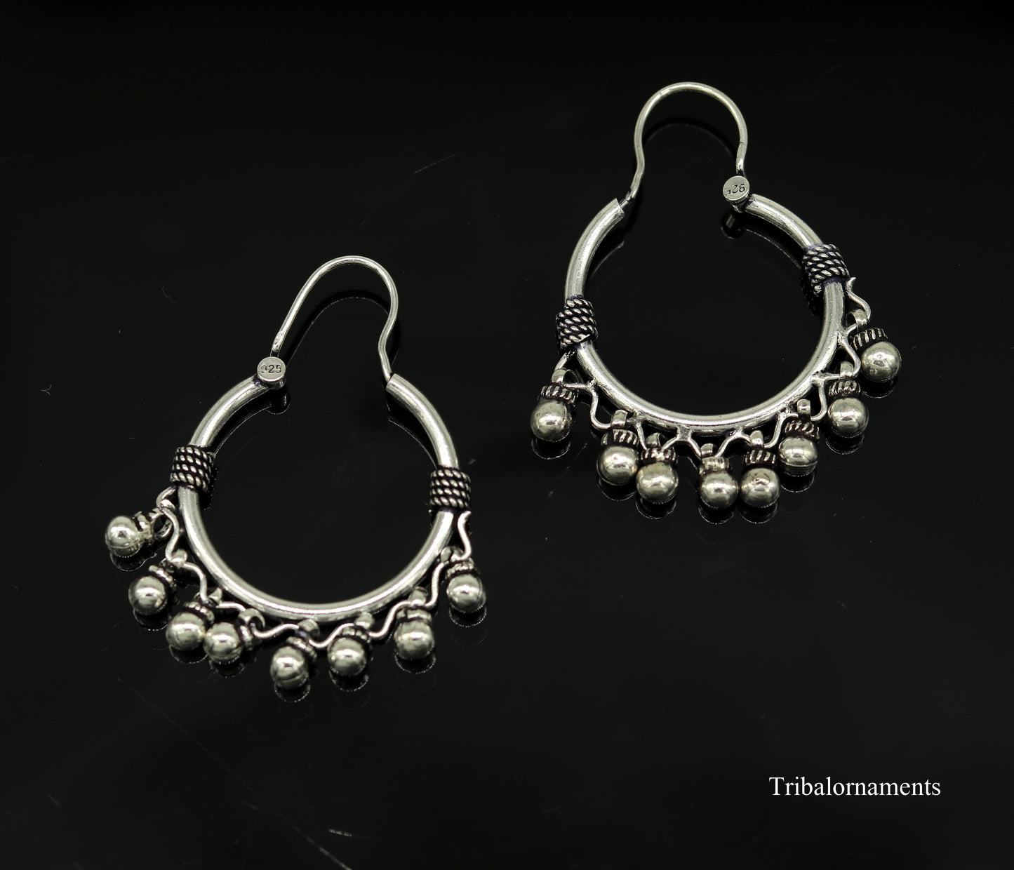 Vintage antique design handmade 925 sterling silver gorgeous hoops boho earrings bali with hanging drop bells tribal Banjara jewelry s897 - TRIBAL ORNAMENTS