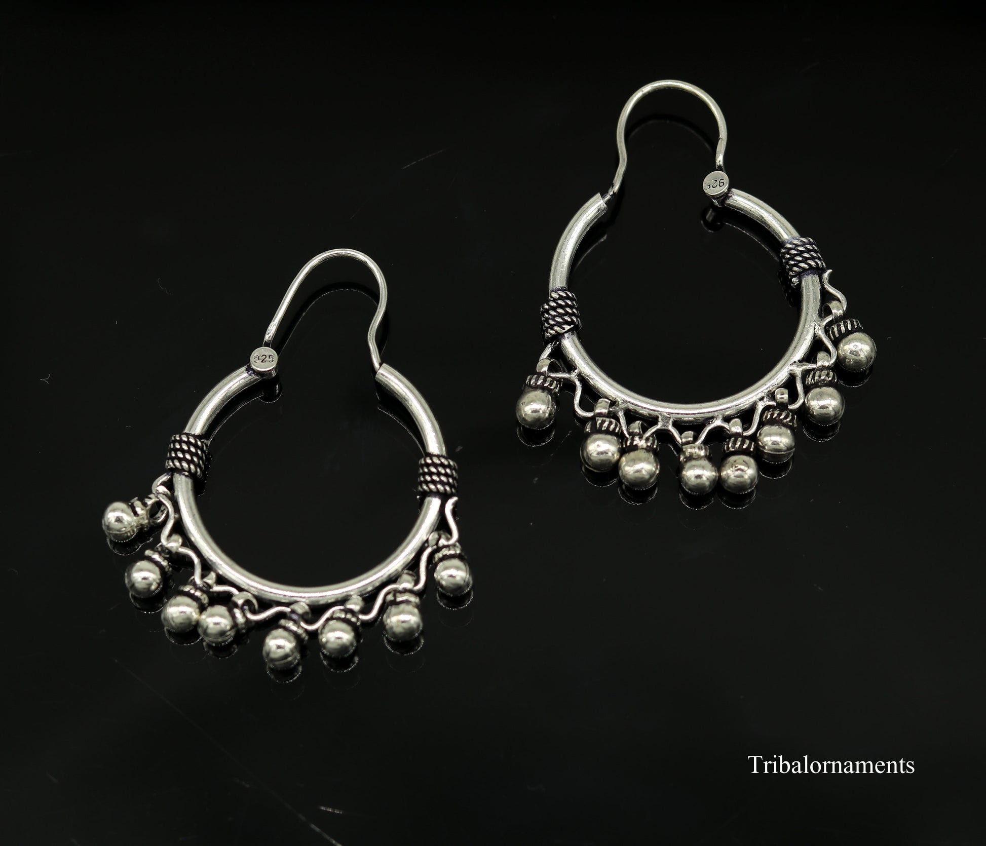 Vintage Tribal Sterling Silver Hoop Earrings, Ethnic Boho Jewelry
