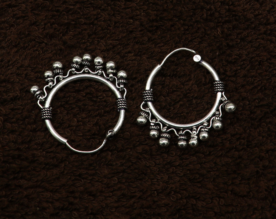 Genuine 925 Sterling silver handmade fabulous hoops earrings with hanging bells amazing antique earrings jewelry for girl's ear545 - TRIBAL ORNAMENTS