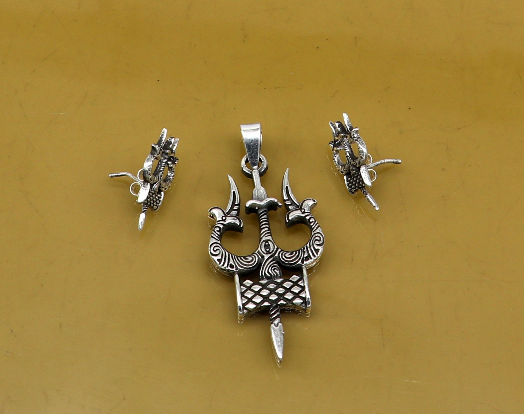 925 pure silver handmade idol shiva trident trishul shape designer stylish pendant and stud set, amazing gifting daily use jewelry ssp335 - TRIBAL ORNAMENTS