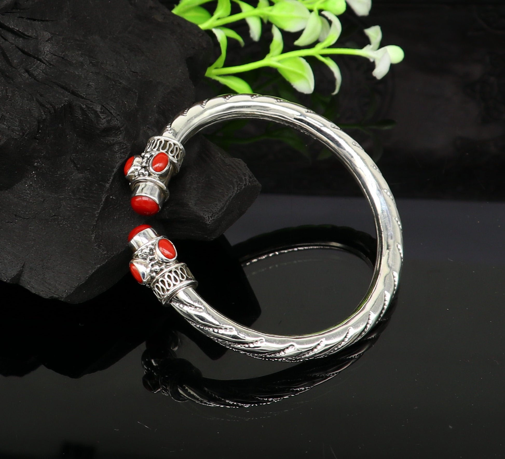 Exclusive red coral stone customized 925 sterling silver men's and women's bangle cuff bracelet, gorgeous gifting jewelry  india nssk313 - TRIBAL ORNAMENTS