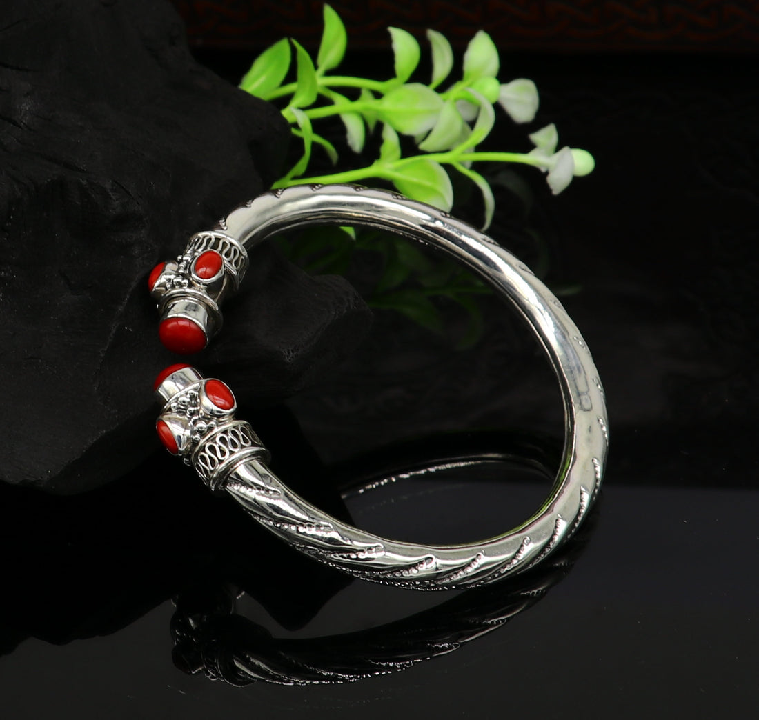 Exclusive red coral stone customized 925 sterling silver men's and women's bangle cuff bracelet, gorgeous gifting jewelry  india nssk313 - TRIBAL ORNAMENTS