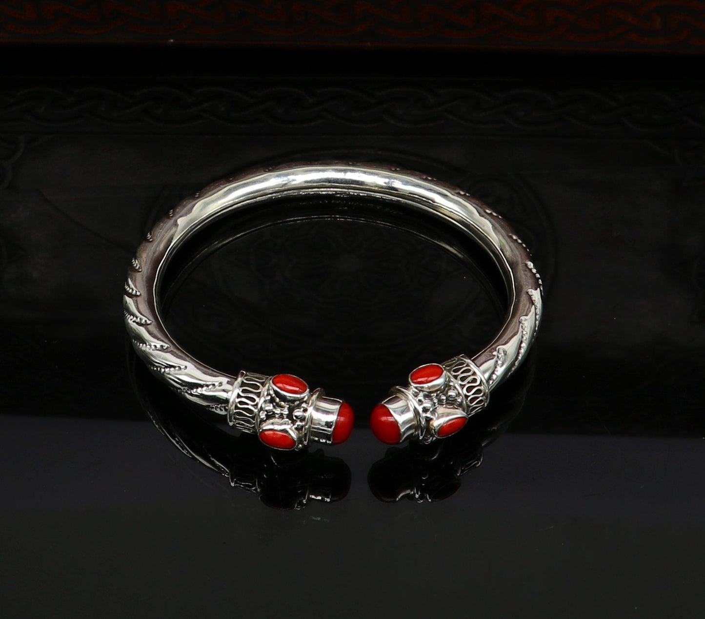 Exclusive red coral stone customized 925 sterling silver men's and women's bangle cuff bracelet, gorgeous gifting jewelry  india nssk313 - TRIBAL ORNAMENTS