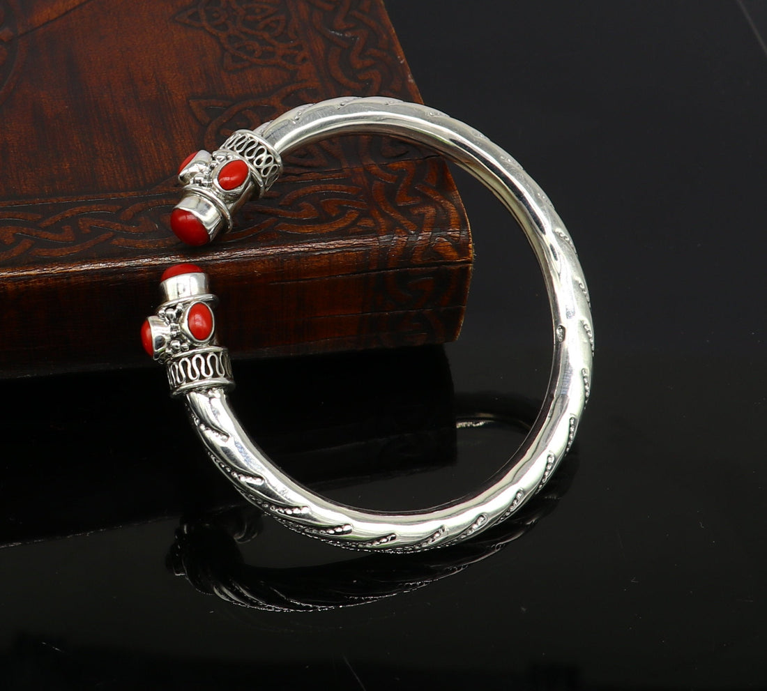 Exclusive red coral stone customized 925 sterling silver men's and women's bangle cuff bracelet, gorgeous gifting jewelry  india nssk313 - TRIBAL ORNAMENTS