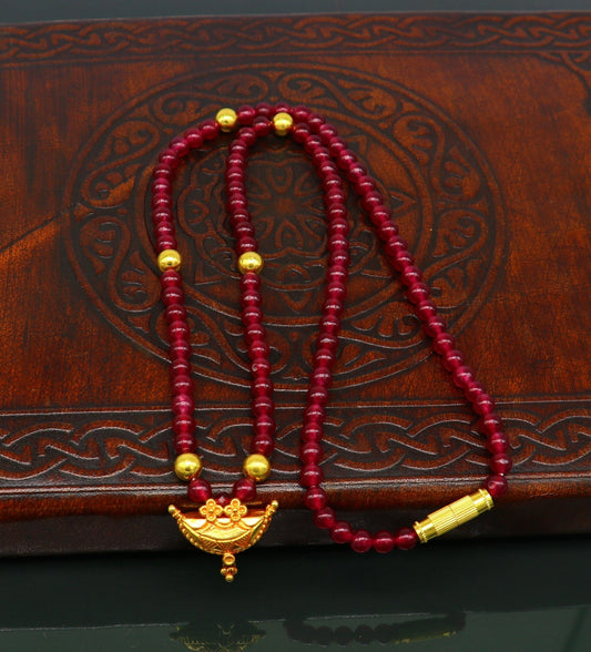 18" red color beaded necklace, fabulous 20kt yellow gold amulet style pendant, excellent customize gift stylish tribal ethnic jewelry ap05 - TRIBAL ORNAMENTS