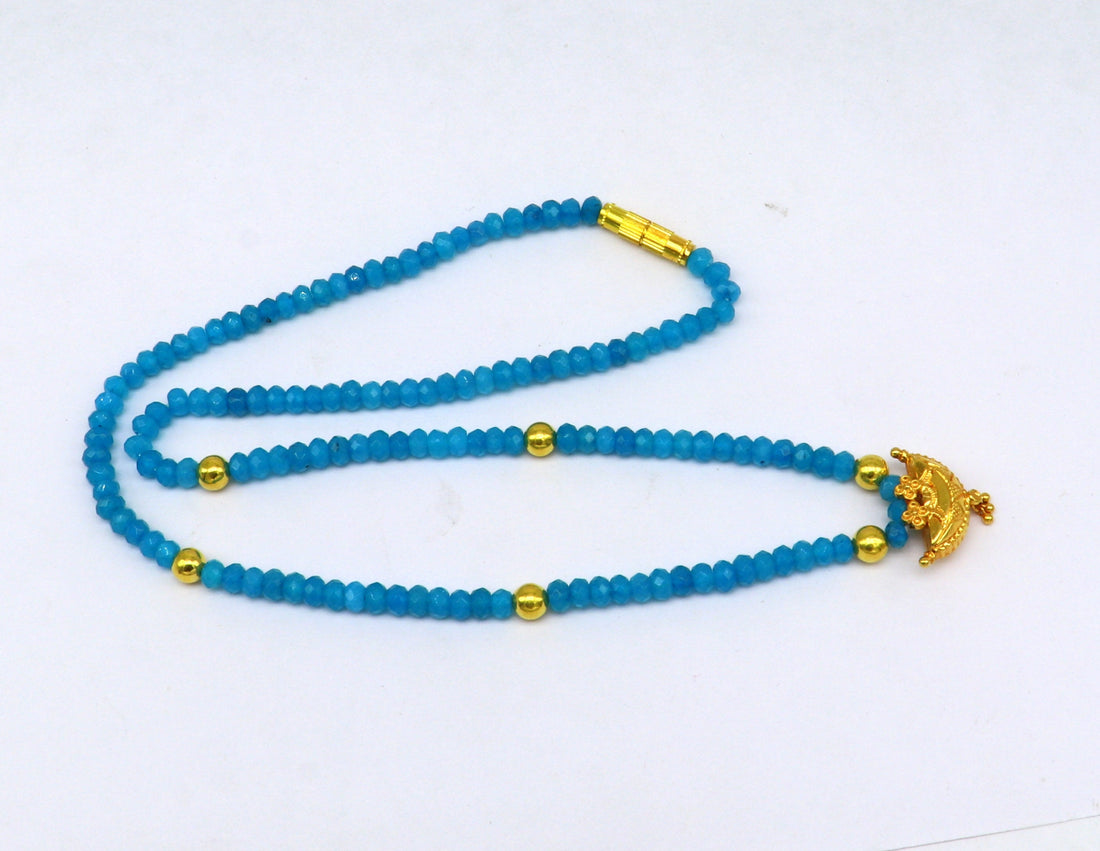 18" faceted blue color beaded necklace, 20kt yellow gold amulet stylish pendant, vintage customized brides gift tribal ethnic jewelry ap07 - TRIBAL ORNAMENTS