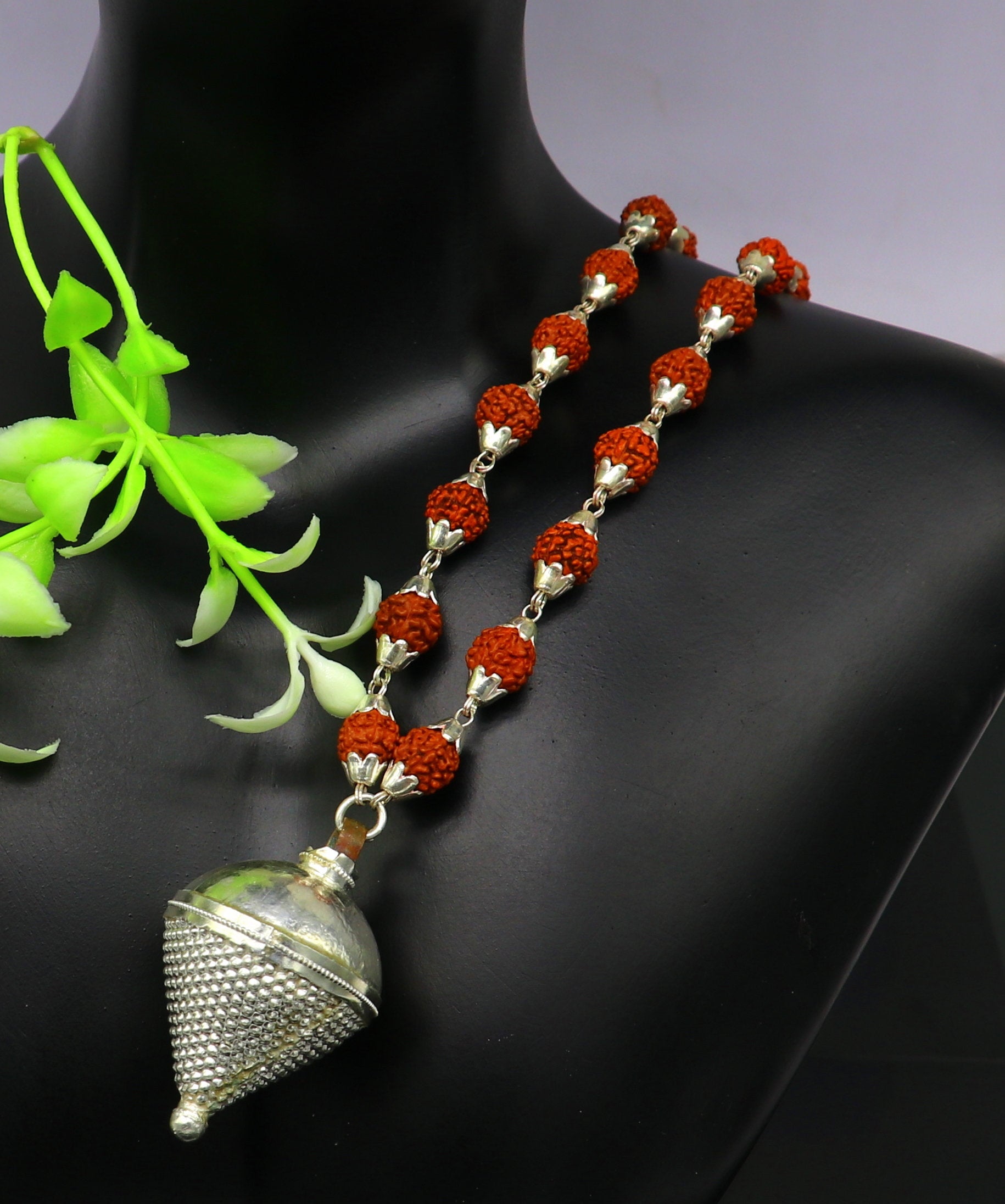 pure sterling silver custom made Rudraksha chain necklace, excellent hanging silver wax ball pendant, unique style gifting jewelry set147 - TRIBAL ORNAMENTS