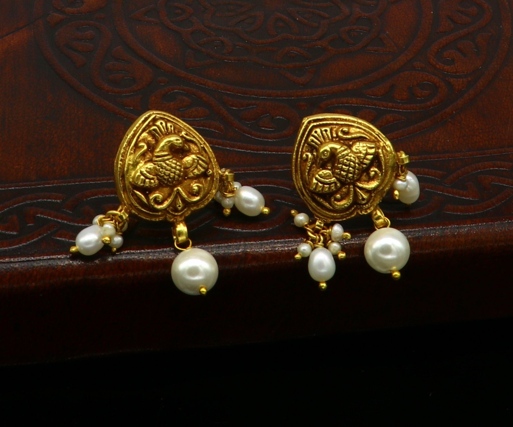 925 sterling silver handmade peacock earring gold guild or plated stud earrings, gorgeous handing pearl, best gifting temple jewelry ear518 - TRIBAL ORNAMENTS