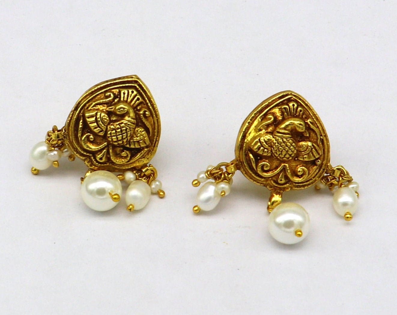 925 sterling silver handmade peacock earring gold guild or plated stud earrings, gorgeous handing pearl, best gifting temple jewelry ear518 - TRIBAL ORNAMENTS