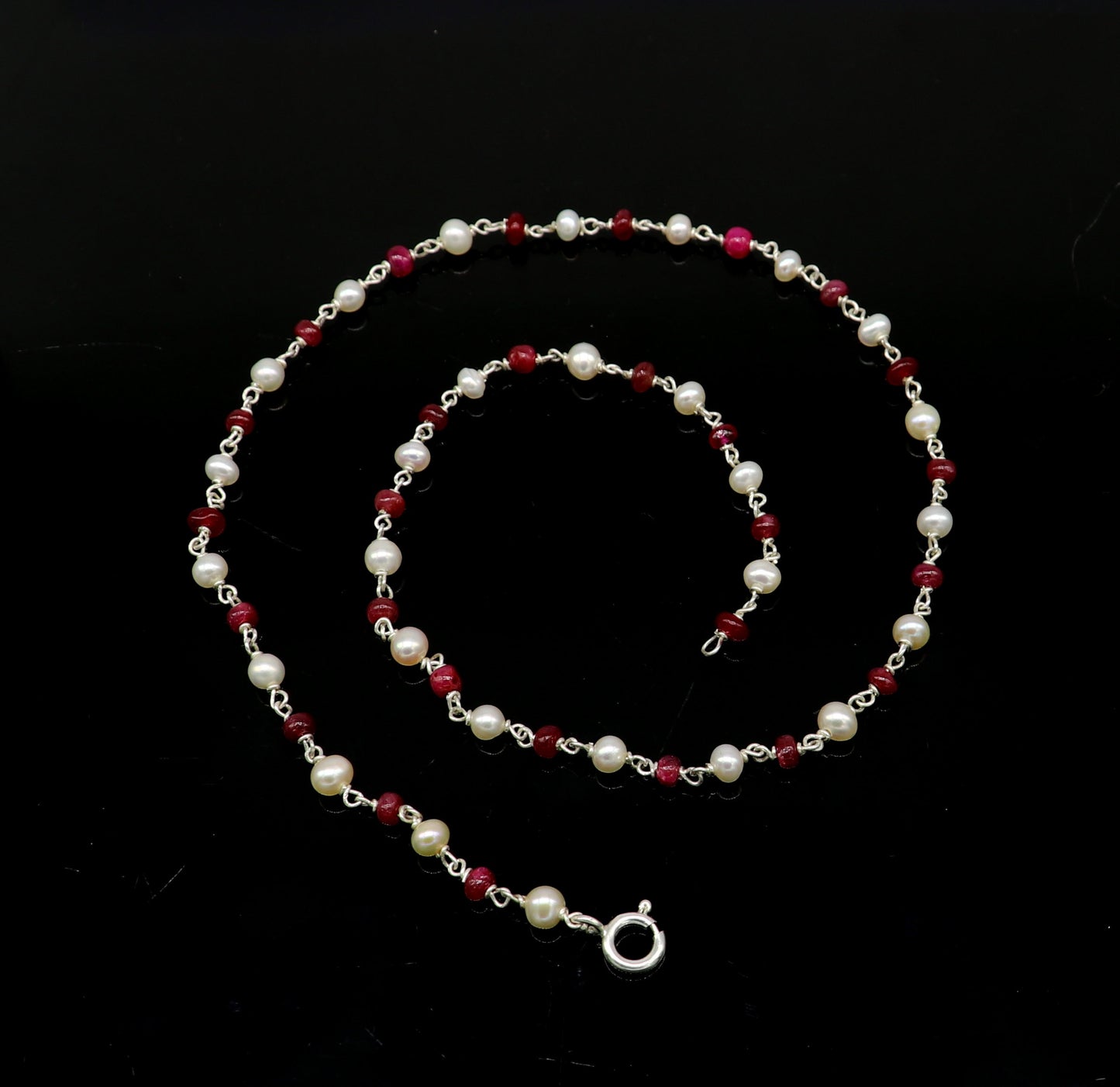Elegant pearl and red stone custom made 925 sterling silver 16" long beaded necklace, gorgeous girl's women's daily use best gifting ch100 - TRIBAL ORNAMENTS