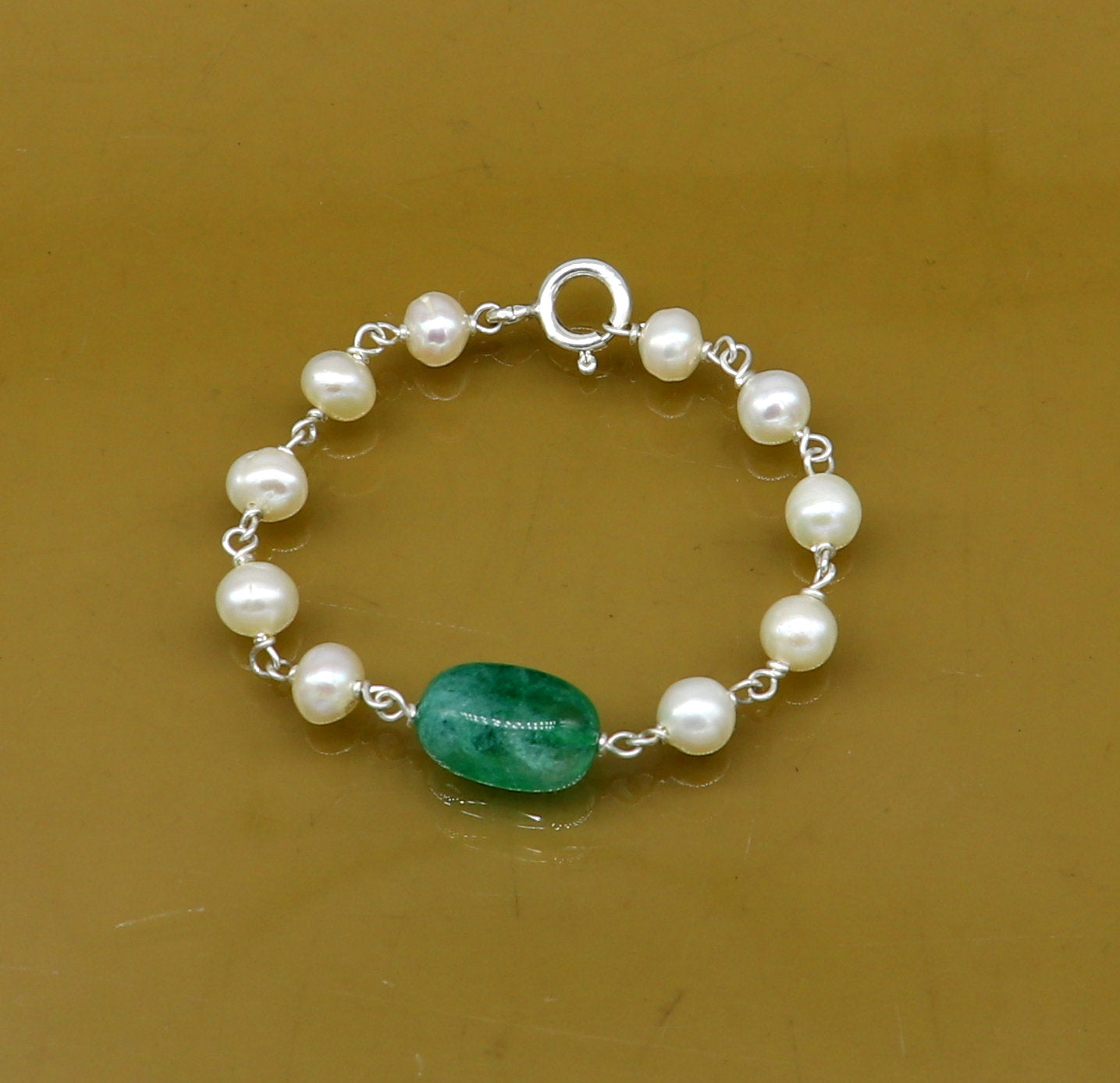 4.5 inches long handmade 925 sterling silver beaded bracelet, pearl and jade stone baby bracelet, unisex new born kids jewelry bbr5 - TRIBAL ORNAMENTS