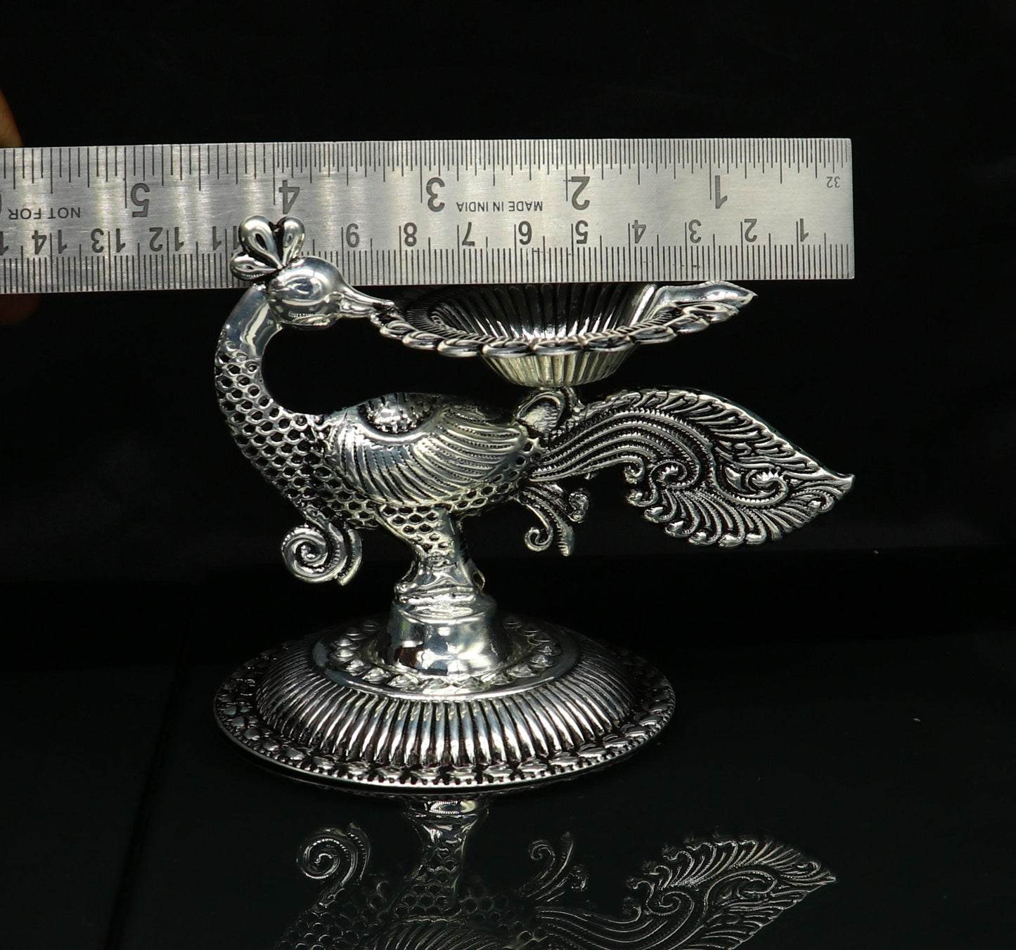 925 Sterling silver customized kandrai/chitai work vintage peacock design oil lamp, silver deepak, silver diya, silver articles su86 - TRIBAL ORNAMENTS