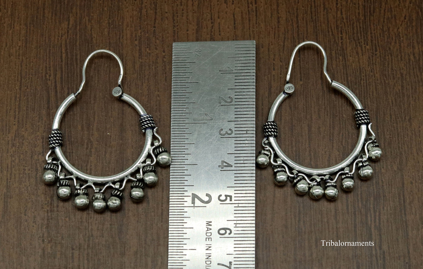 Vintage antique design handmade 925 sterling silver gorgeous hoops boho earrings bali with hanging drop bells tribal Banjara jewelry s897 - TRIBAL ORNAMENTS