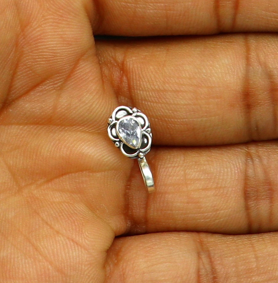 925 sterling silver vintage antique design cz stone nose pin, bollywood stylish clip on nose plug best gifting party jewelry np115 - TRIBAL ORNAMENTS