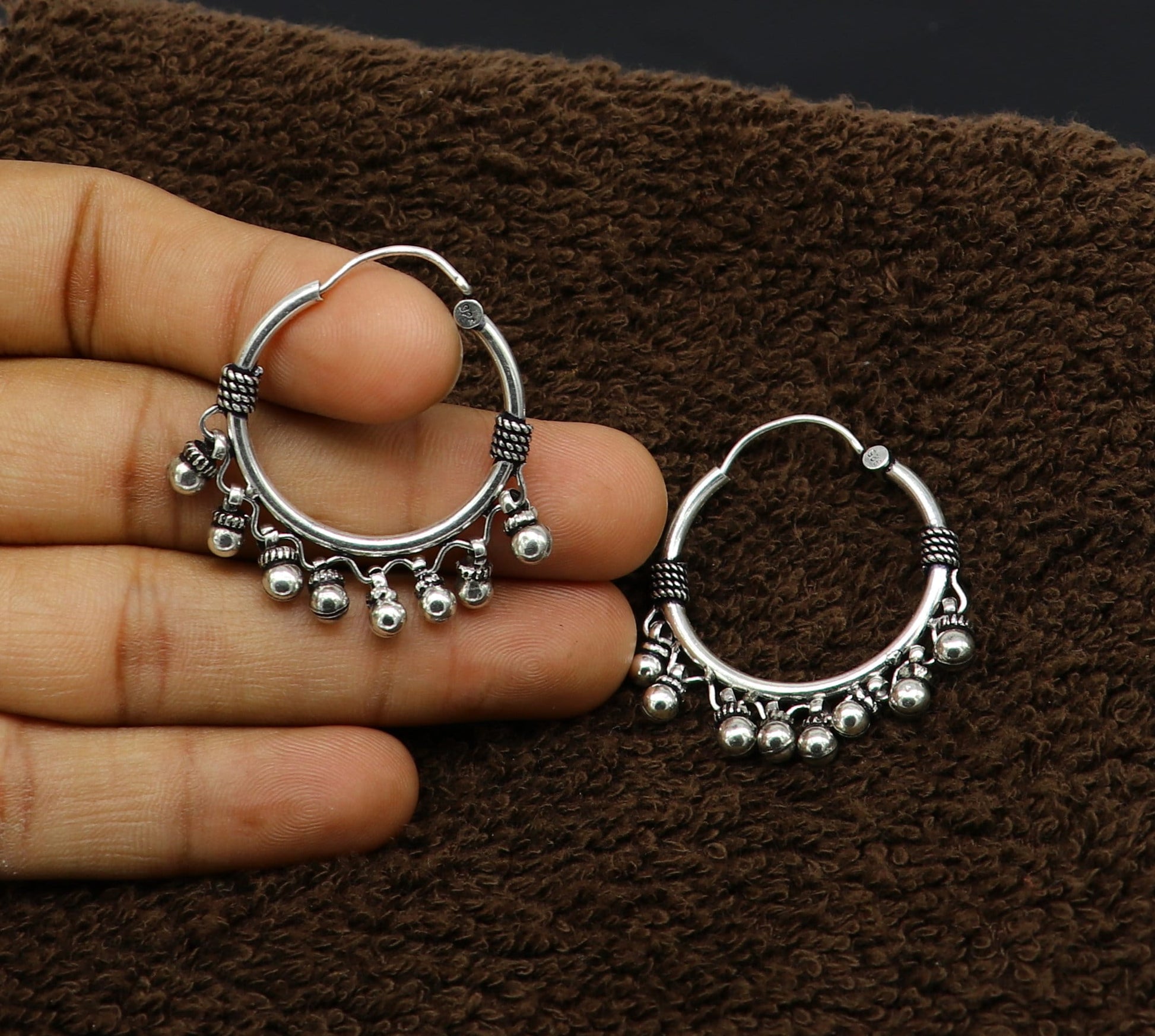 Genuine 925 Sterling silver handmade fabulous hoops earrings with hanging bells amazing antique earrings jewelry for girl's ear545 - TRIBAL ORNAMENTS