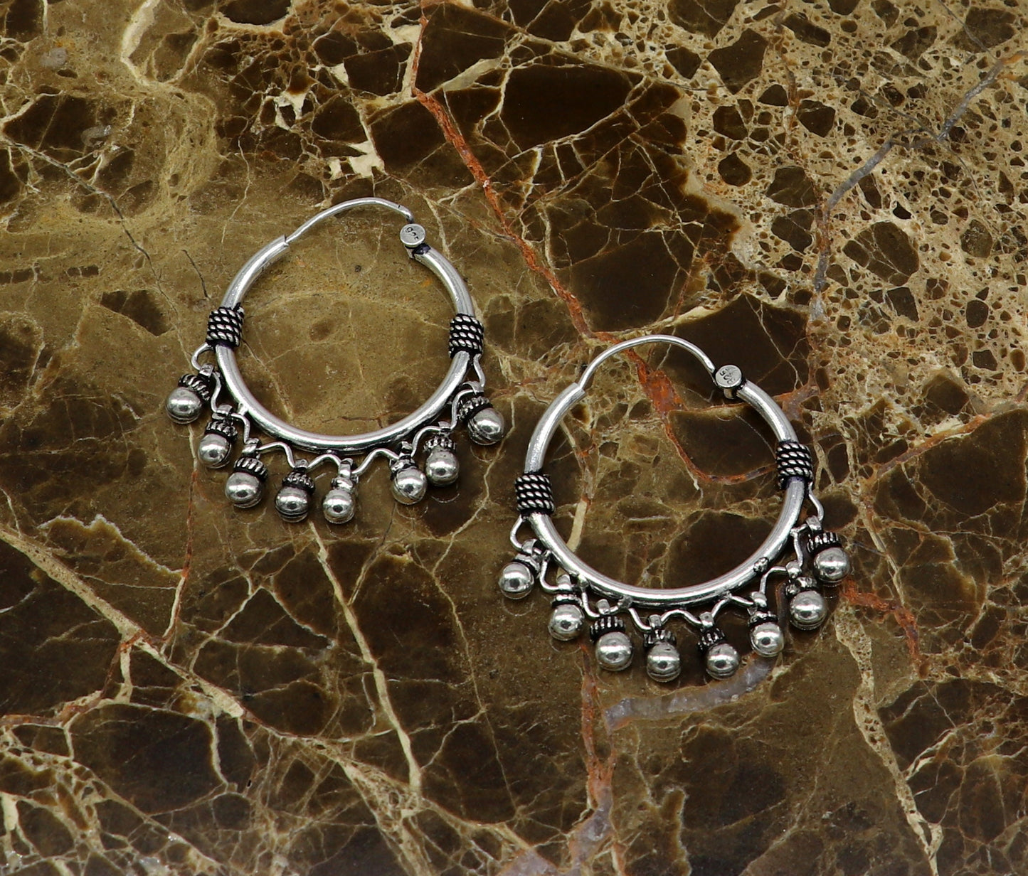 Genuine 925 Sterling silver handmade fabulous hoops earrings with hanging bells amazing antique earrings jewelry for girl's ear545 - TRIBAL ORNAMENTS