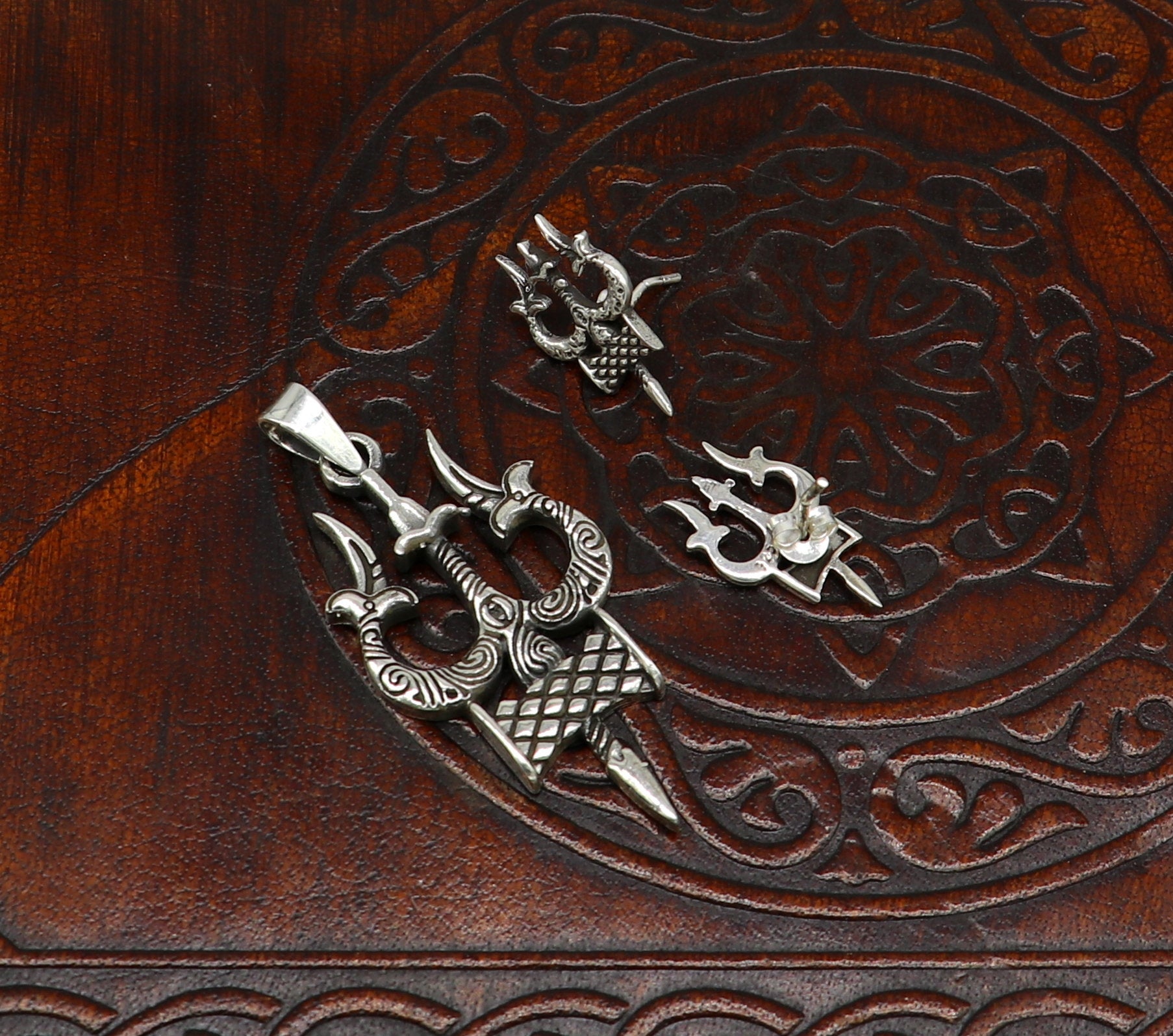 925 pure silver handmade idol shiva trident trishul shape designer stylish pendant and stud set, amazing gifting daily use jewelry ssp335 - TRIBAL ORNAMENTS