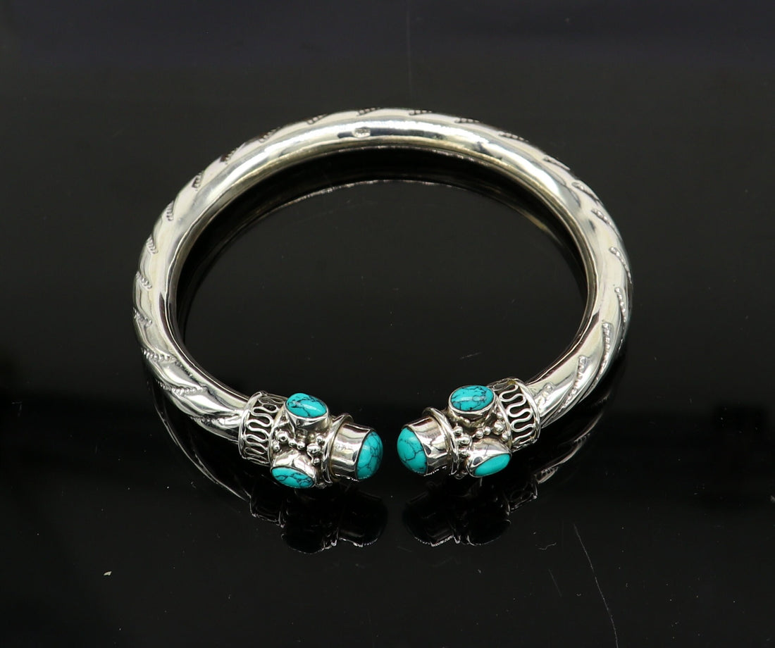 925 sterling silver customized flexible bangle bracelet, unique stylish best gifting bangle, fabulous blue turquoise stone jewelry nssk315 - TRIBAL ORNAMENTS