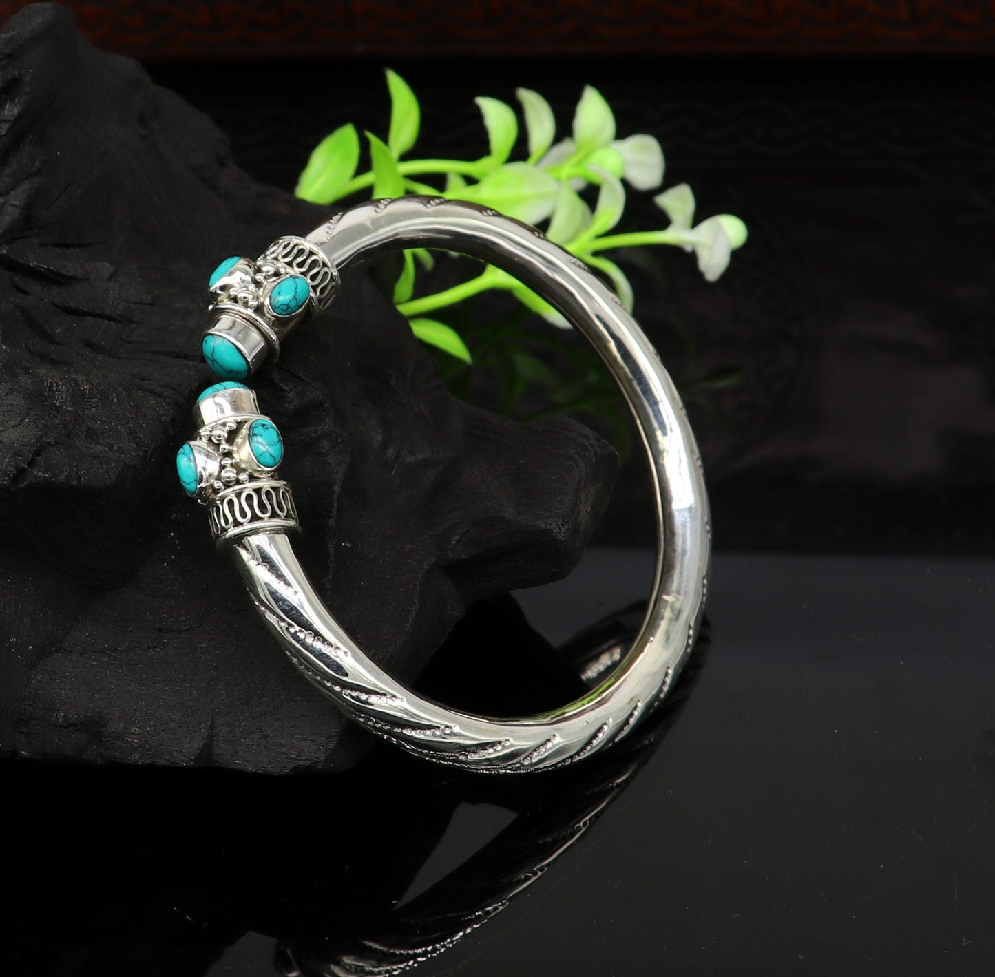 925 sterling silver customized flexible bangle bracelet, unique stylish best gifting bangle, fabulous blue turquoise stone jewelry nssk315 - TRIBAL ORNAMENTS