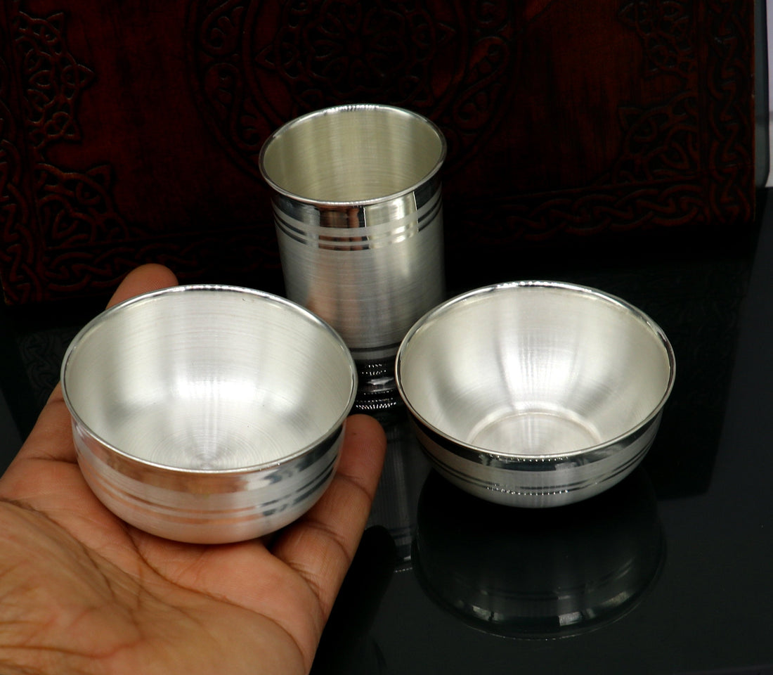 999 pure silver combo of two different design bowl and glass, silver vessel, silver baby utensils, silver puja article, puja utensils sv109 - TRIBAL ORNAMENTS