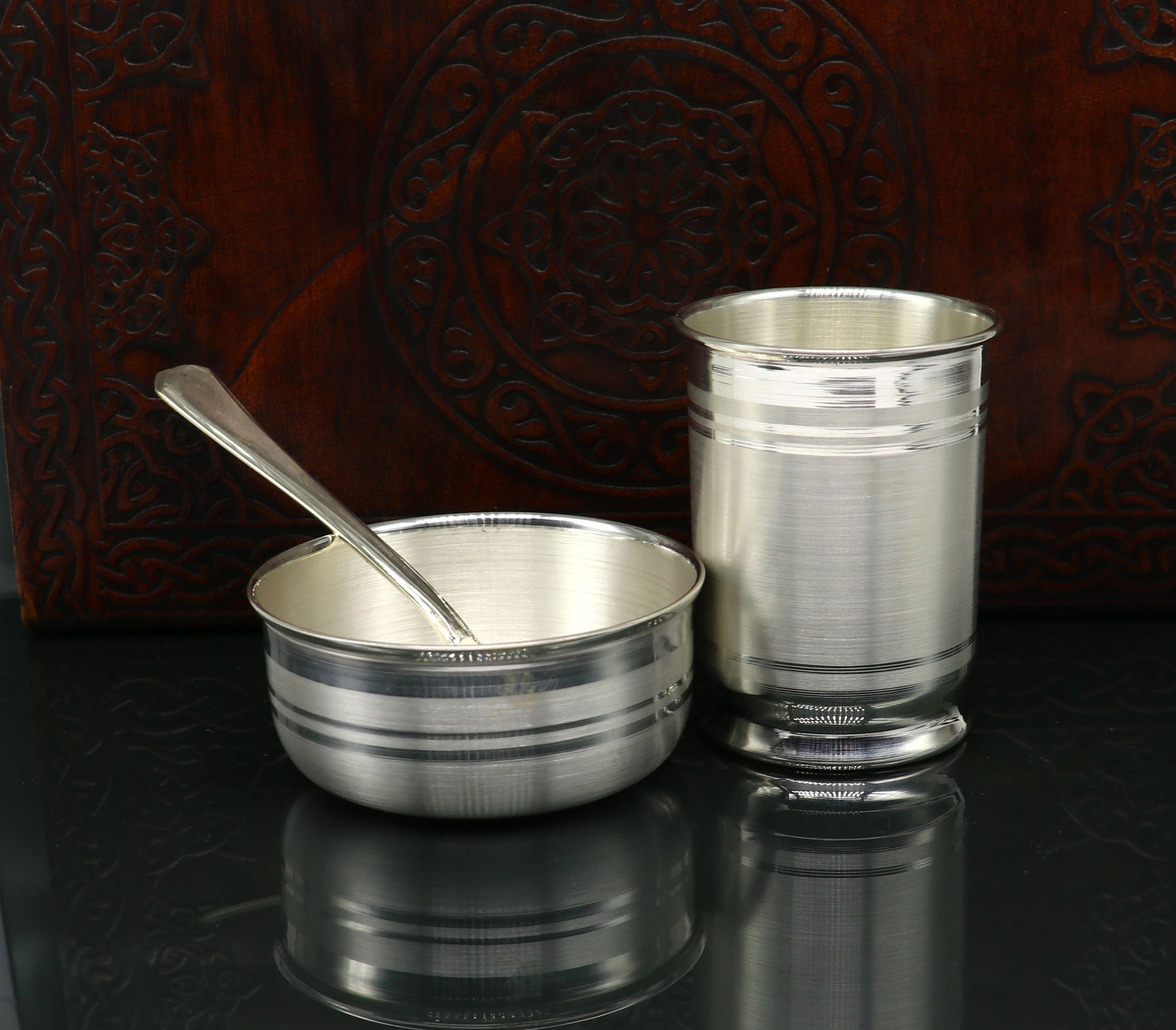 999 pure silver combo bowl and Water/milk tumbler, silver vessel, silver baby utensils, silver kids food article, gifting utensils sv138 - TRIBAL ORNAMENTS