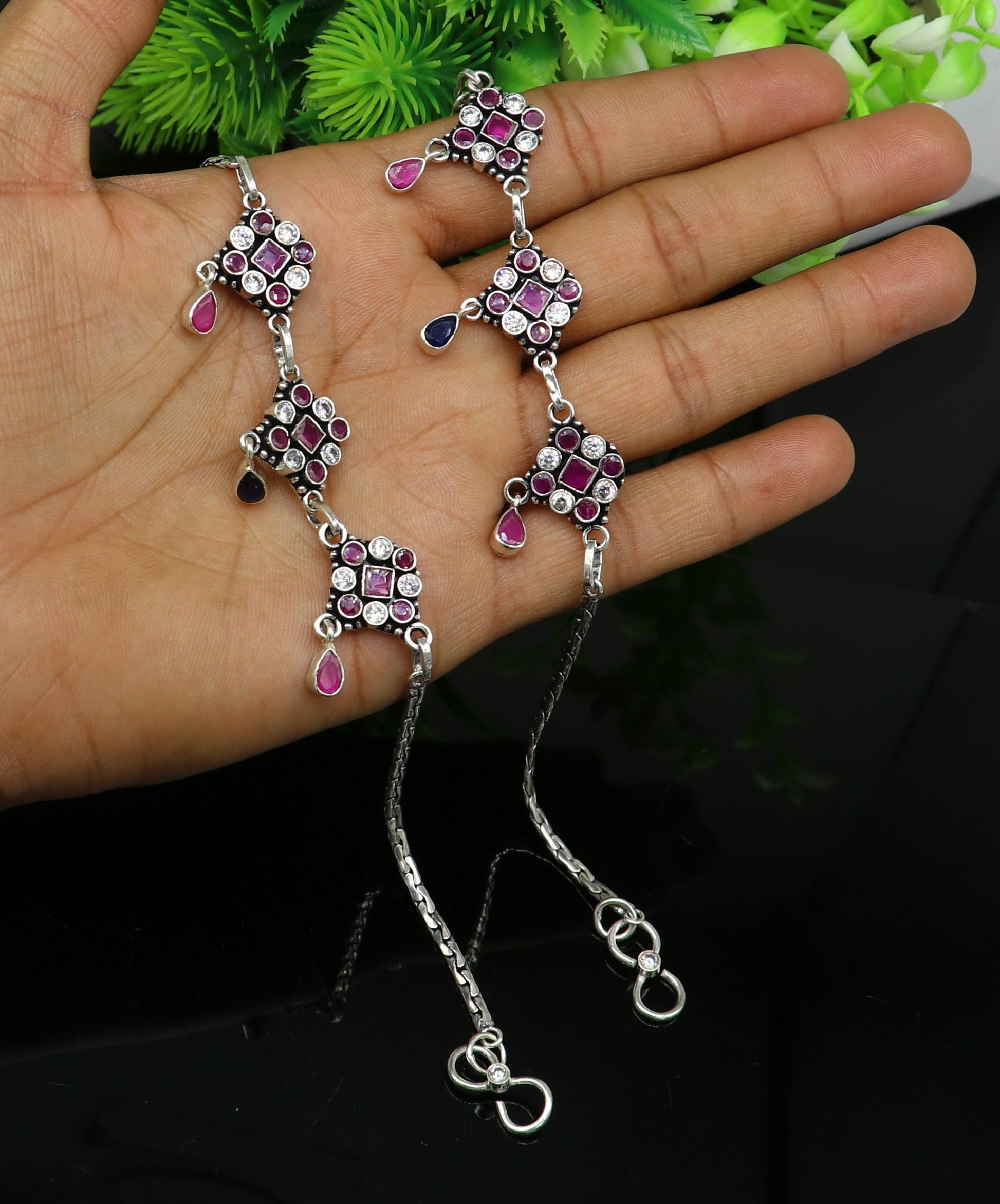 925 sterling silver customized anklet bracelet, best gifting anklets, customized cut stone anklets unique stylish jewelry india  ank51 - TRIBAL ORNAMENTS