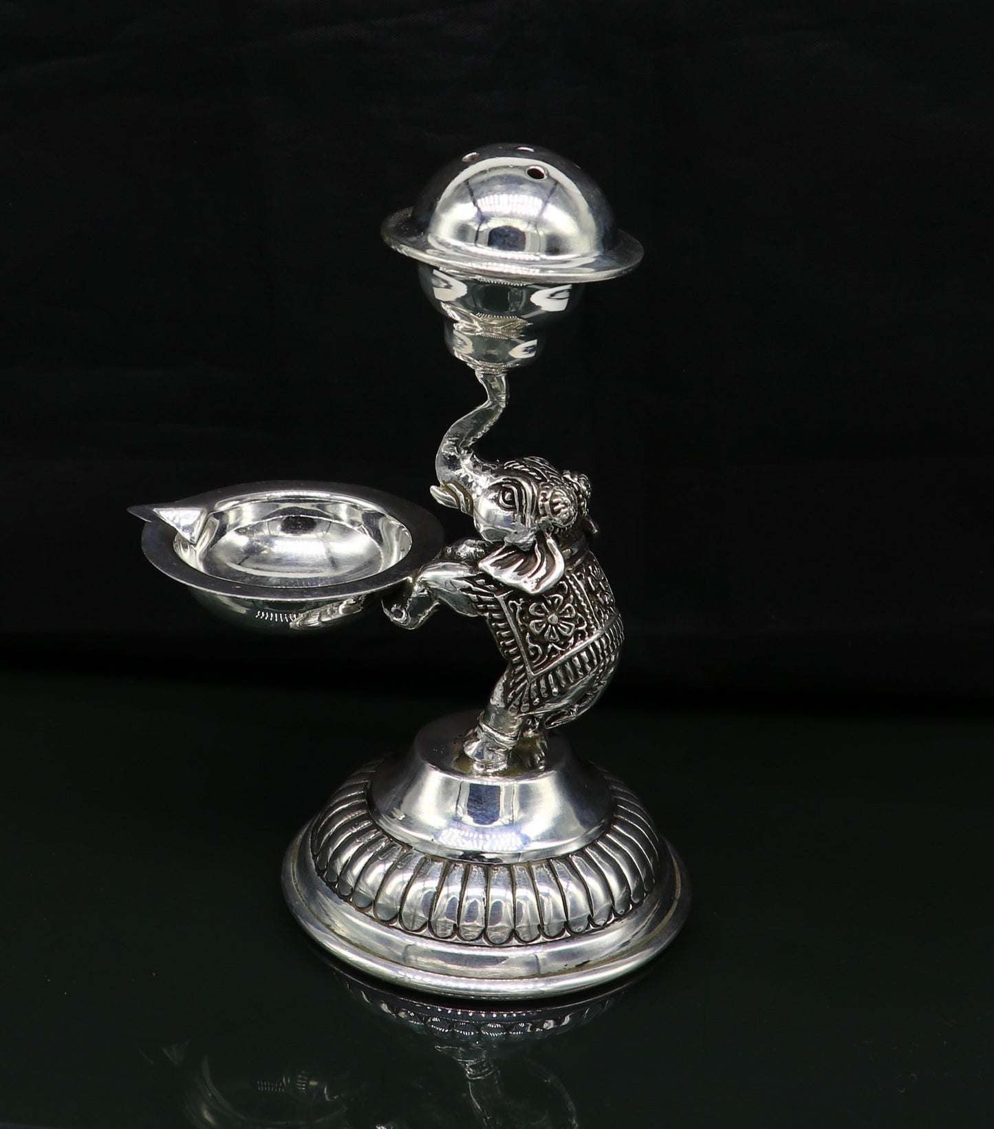 925 sterling silver gorgeous handcrafted elephant work oil lamp incense stick holder, silver Deepak, silver article, puja utensils art su90 - TRIBAL ORNAMENTS