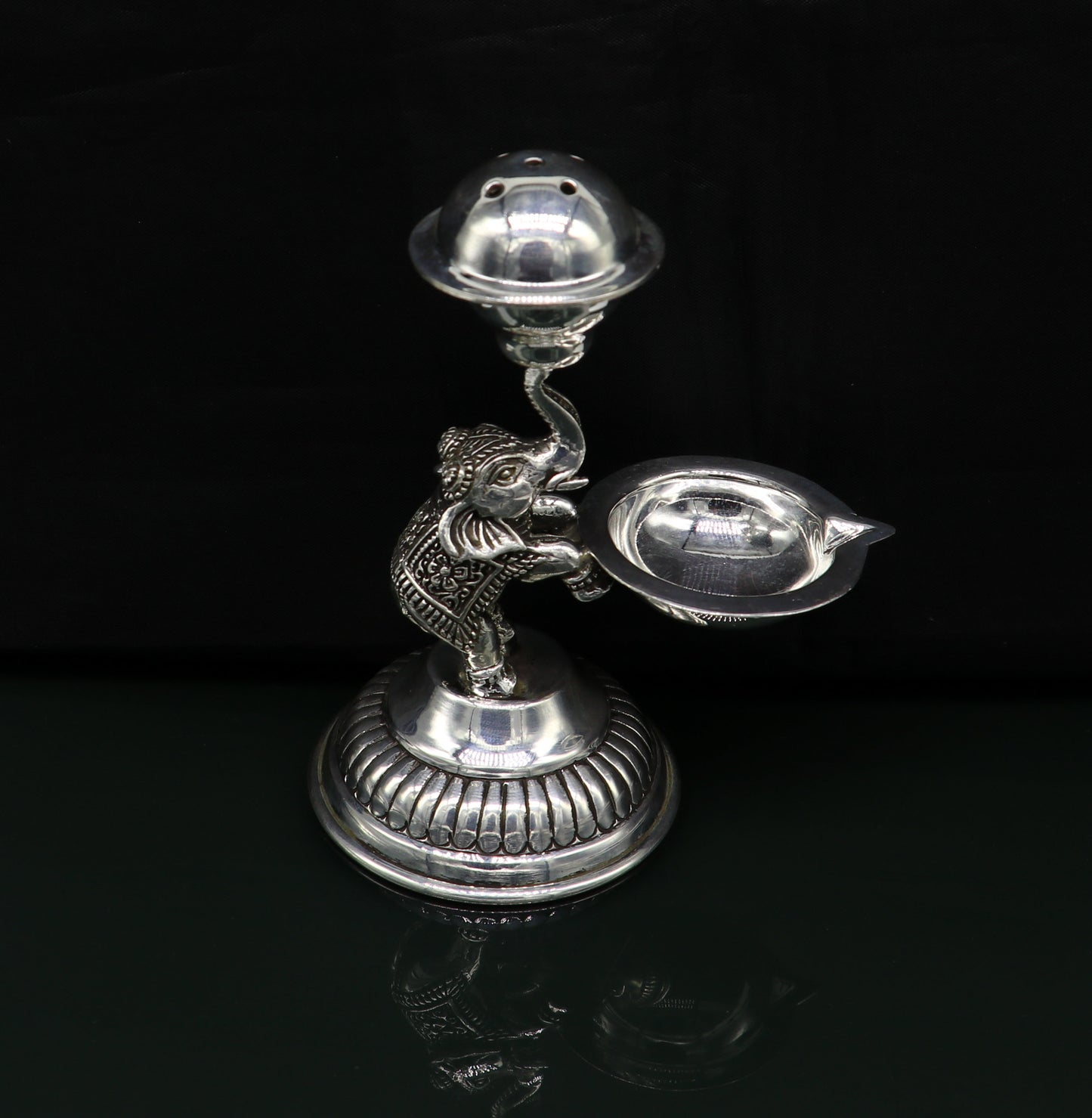 925 sterling silver gorgeous handcrafted elephant work oil lamp incense stick holder, silver Deepak, silver article, puja utensils art su90 - TRIBAL ORNAMENTS