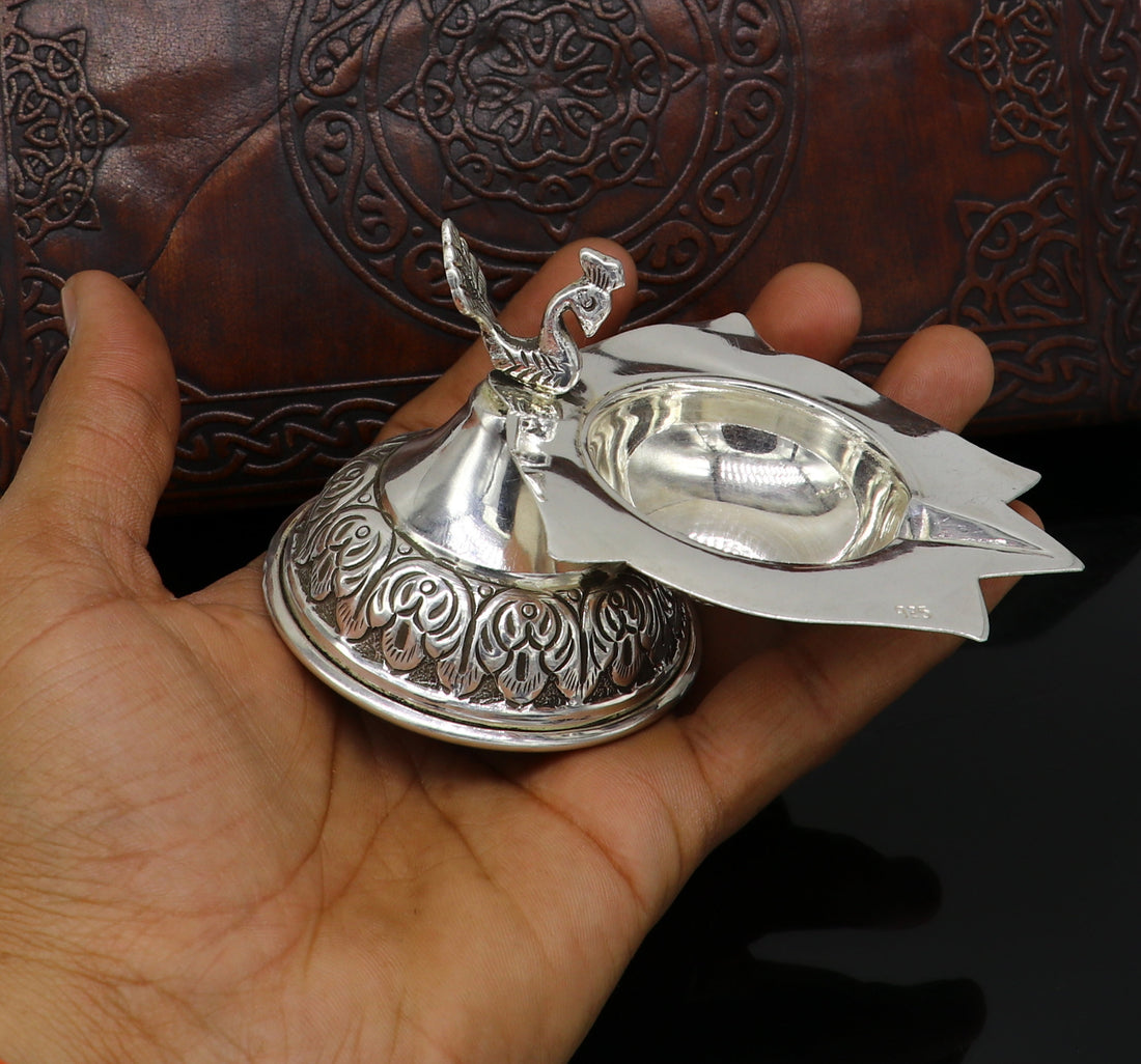 Fine 925 silver handmade kandrai work peacock design oil lamp, diya, deepak/dipak, silver utensil best gifting silver article utensils su144 - TRIBAL ORNAMENTS