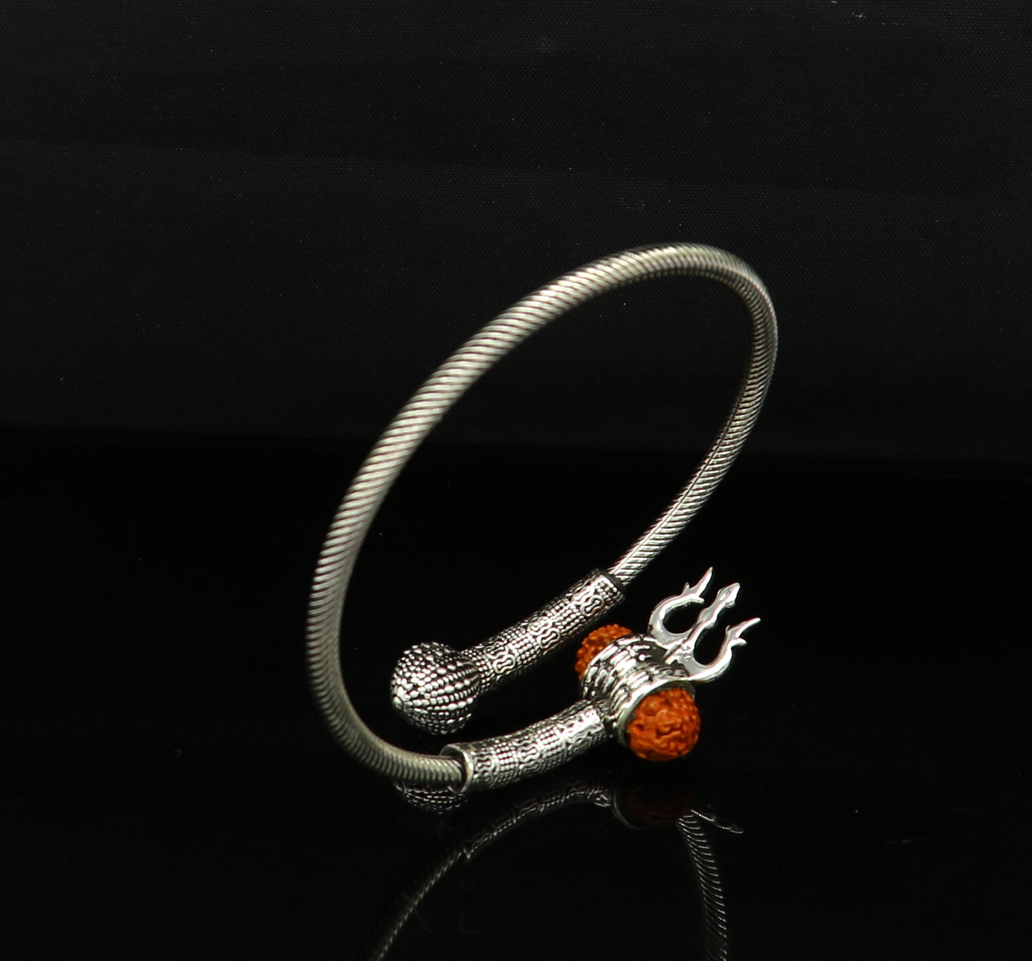 925 sterling silver flexible cuff bracelet, lord Shiva trident designer fancy bracelet with gorgeous Rudraksha beads, best gifting nsk336 - TRIBAL ORNAMENTS
