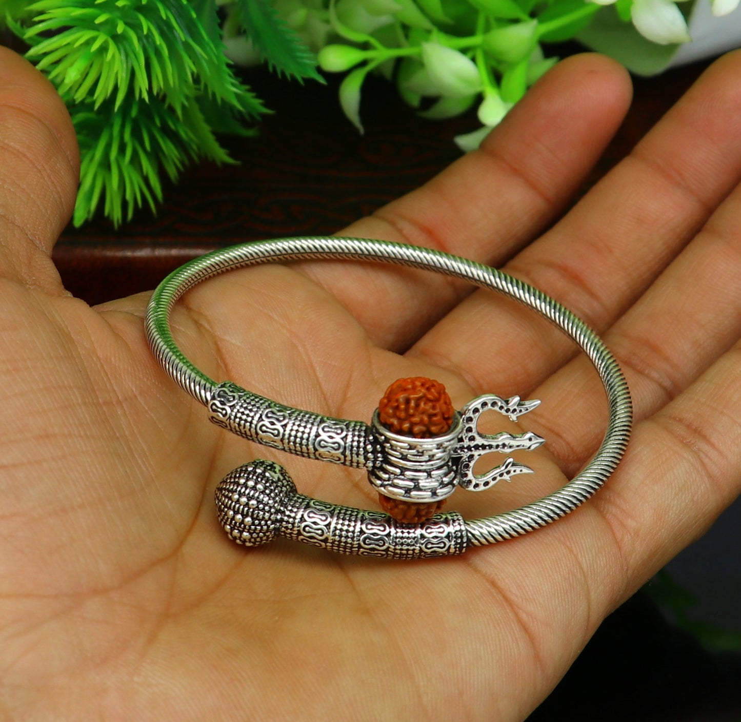 925 sterling silver flexible cuff bracelet, lord Shiva trident designer fancy bracelet with gorgeous Rudraksha beads, best gifting nsk336 - TRIBAL ORNAMENTS