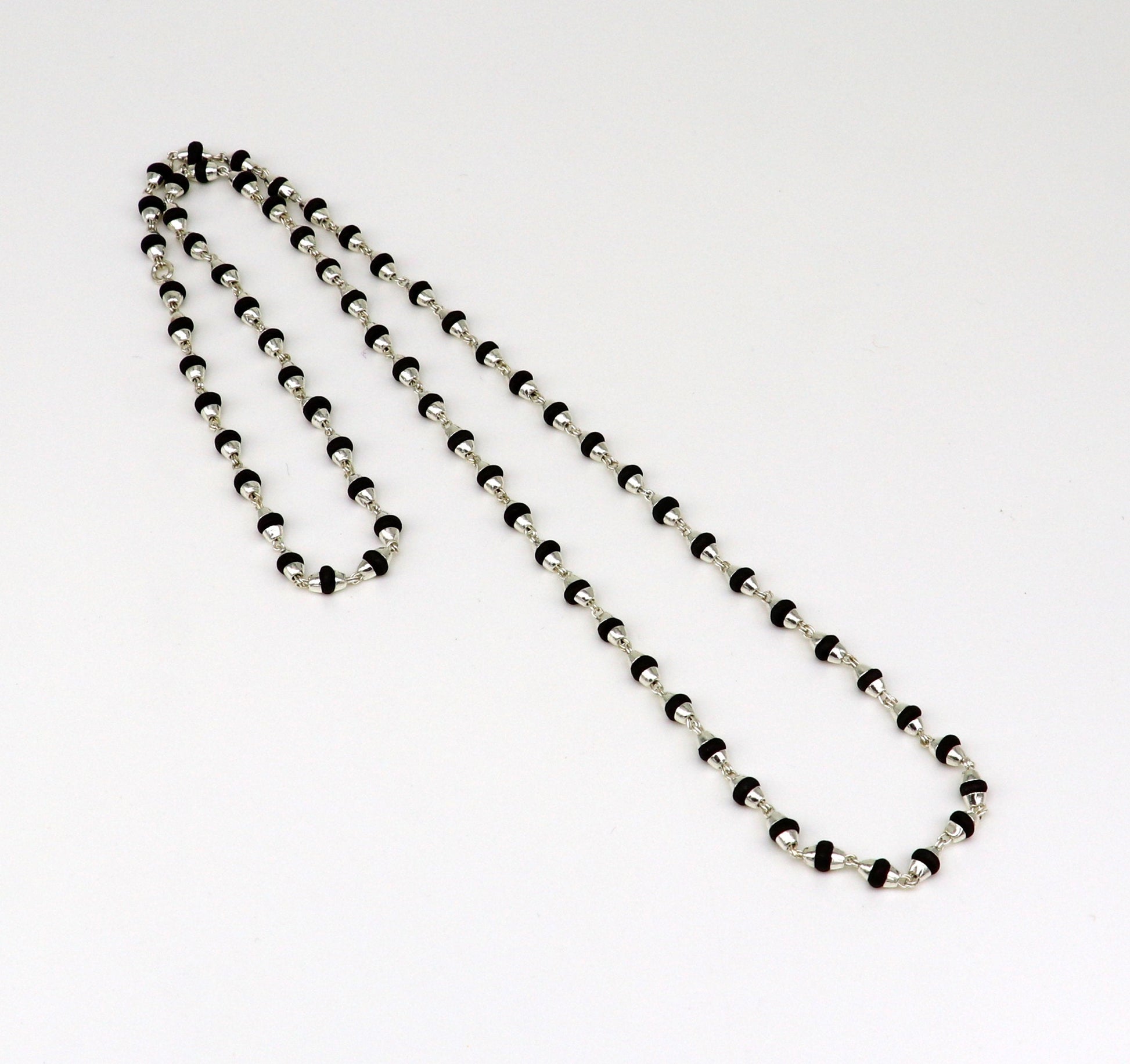 Basil Rosary Tulsi Bead Mala chain size 24 inch 4 mm width pure sterling silver 92.5 with silver side cap and handmade Knot (Guthai) - TRIBAL ORNAMENTS
