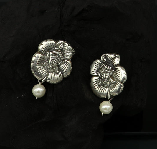 925 sterling silver handmade customized tribal goddess Kali Maa style stud earring fabulous mother pearl dangling, best designer gift ear552 - TRIBAL ORNAMENTS