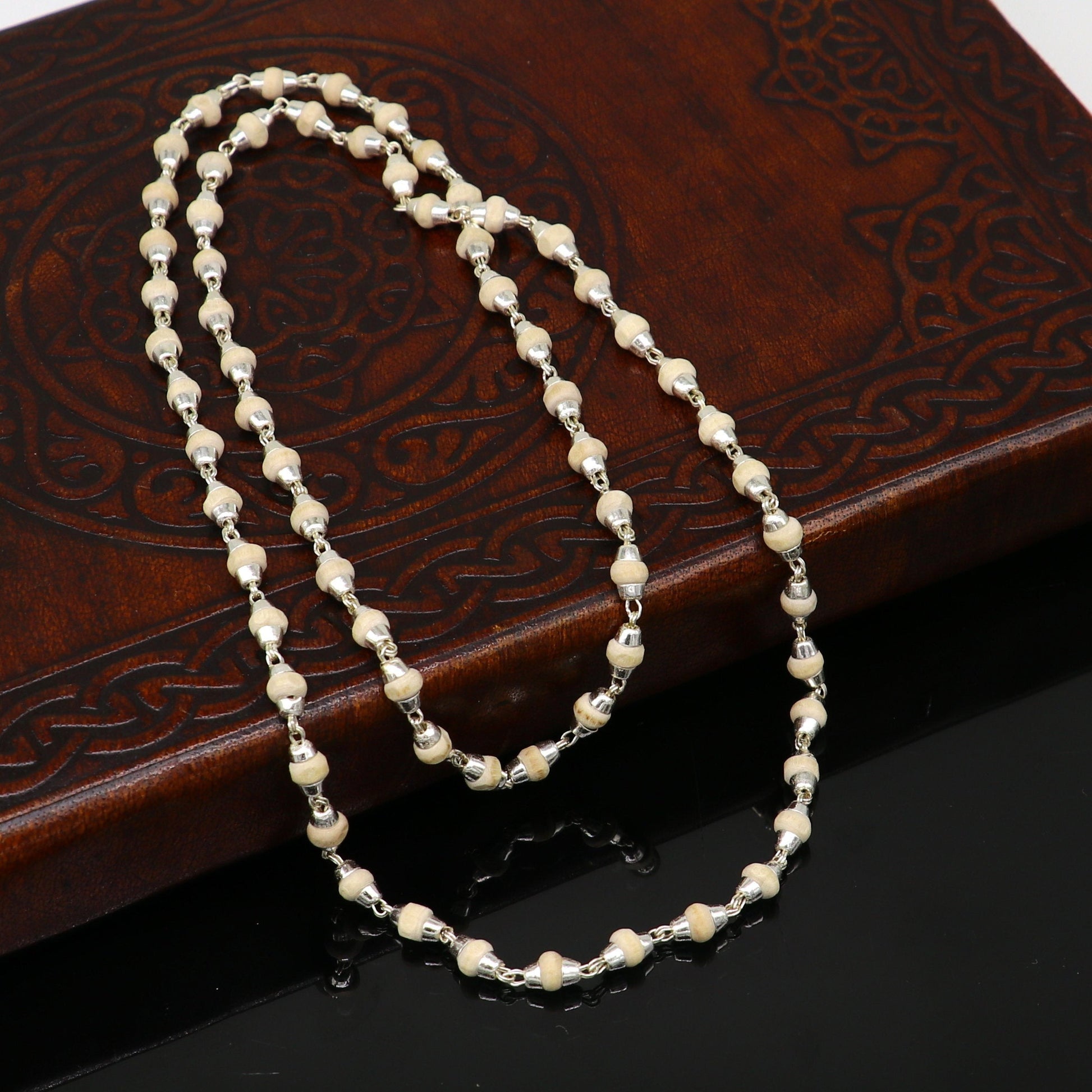 925 sterling silver customized basil rosary wooden beads solid chain necklace, excellent 24" unisex stylish necklace from india ch103 - TRIBAL ORNAMENTS