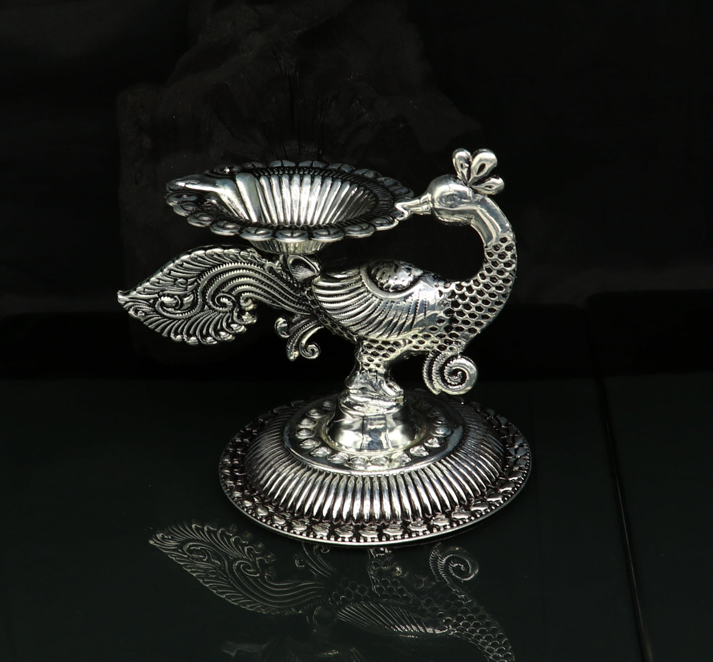 925 Sterling silver customized kandrai/chitai work vintage peacock design oil lamp, silver deepak, silver diya, silver articles su86 - TRIBAL ORNAMENTS