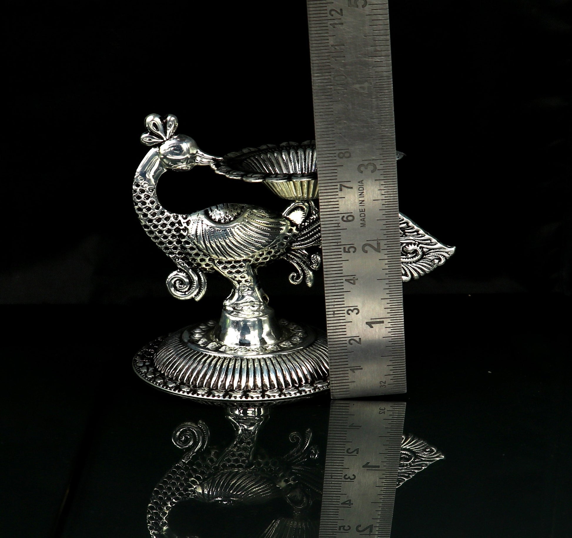 925 Sterling silver customized kandrai/chitai work vintage peacock design oil lamp, silver deepak, silver diya, silver articles su86 - TRIBAL ORNAMENTS