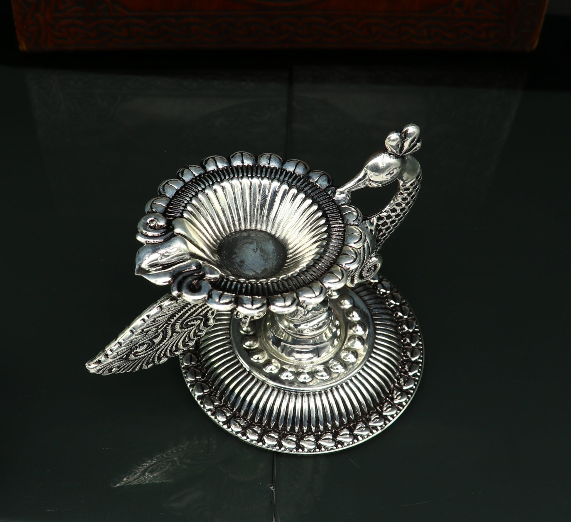 925 Sterling silver customized kandrai/chitai work vintage peacock design oil lamp, silver deepak, silver diya, silver articles su86 - TRIBAL ORNAMENTS