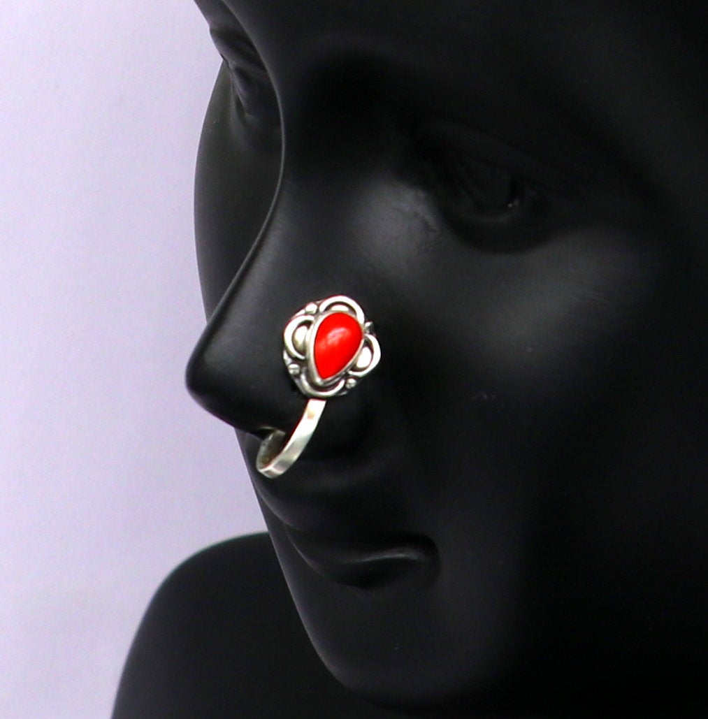 fabulous stylish 925 sterling silver customized single coral nose pin, best gift nose plug, clip-on nose pin, fabulous party wear np111 - TRIBAL ORNAMENTS